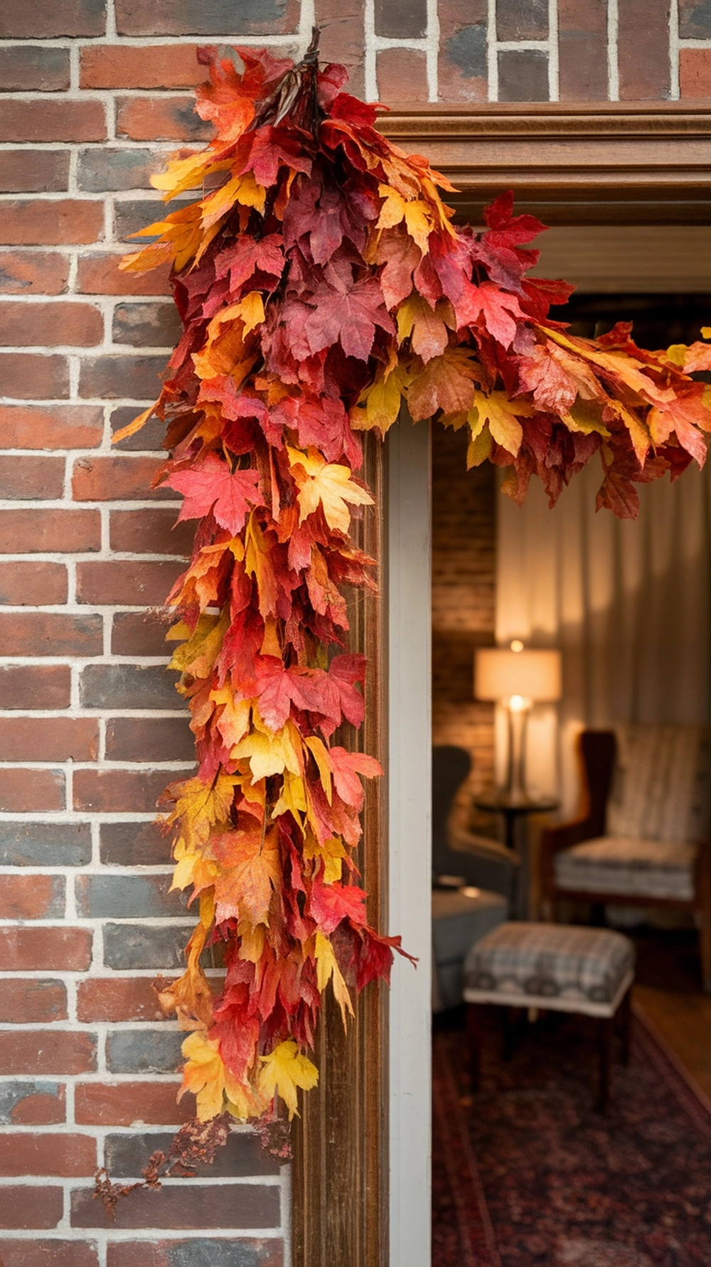 14 Beautiful Fall Door Decorations to Welcome Autumn 12 Colorful leaf garland draped around a door frame, showcasing vibrant autumn colors.