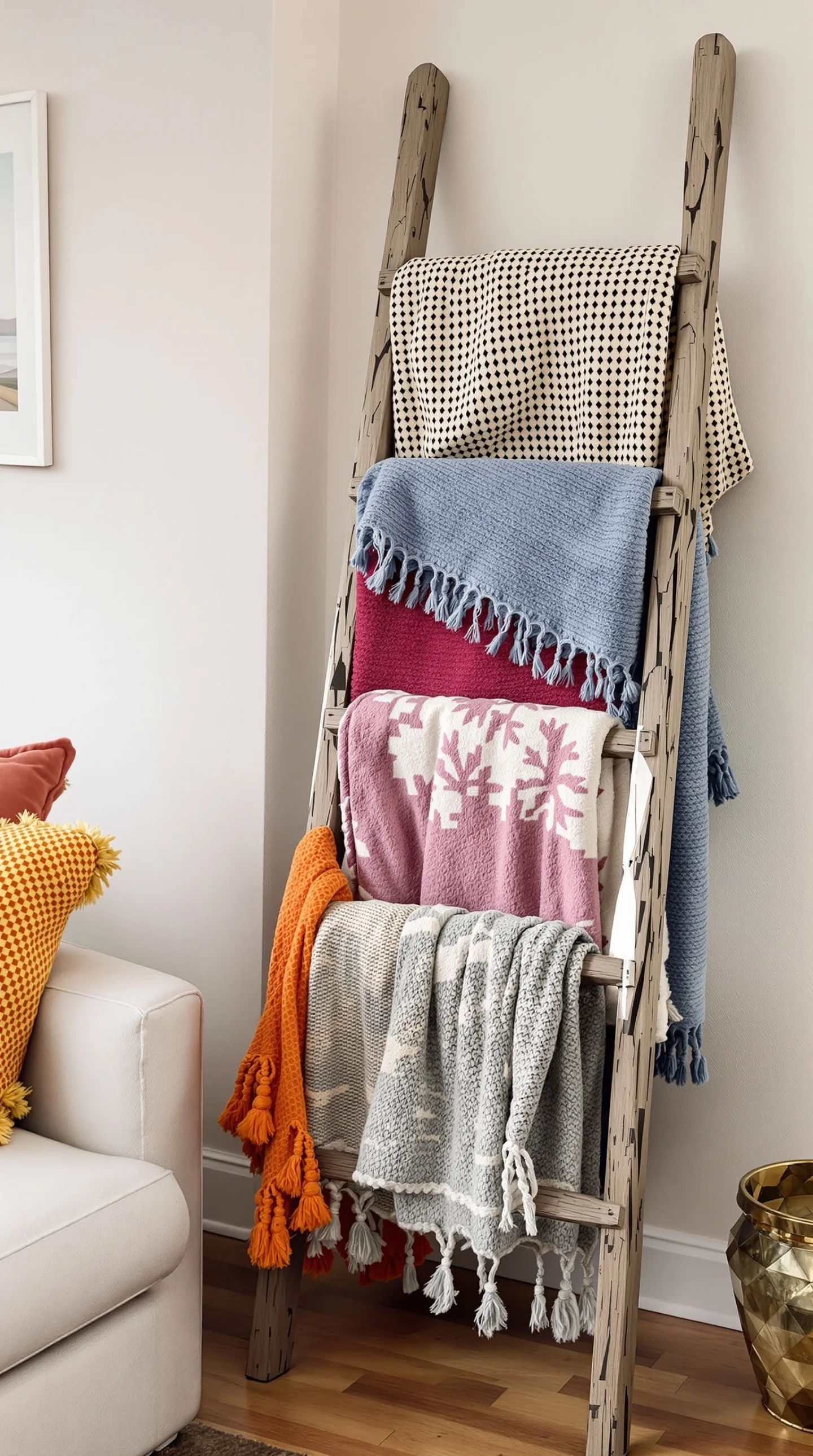 A cozy blanket ladder with various colorful blankets draped over it, enhancing the fall decor in a living room.