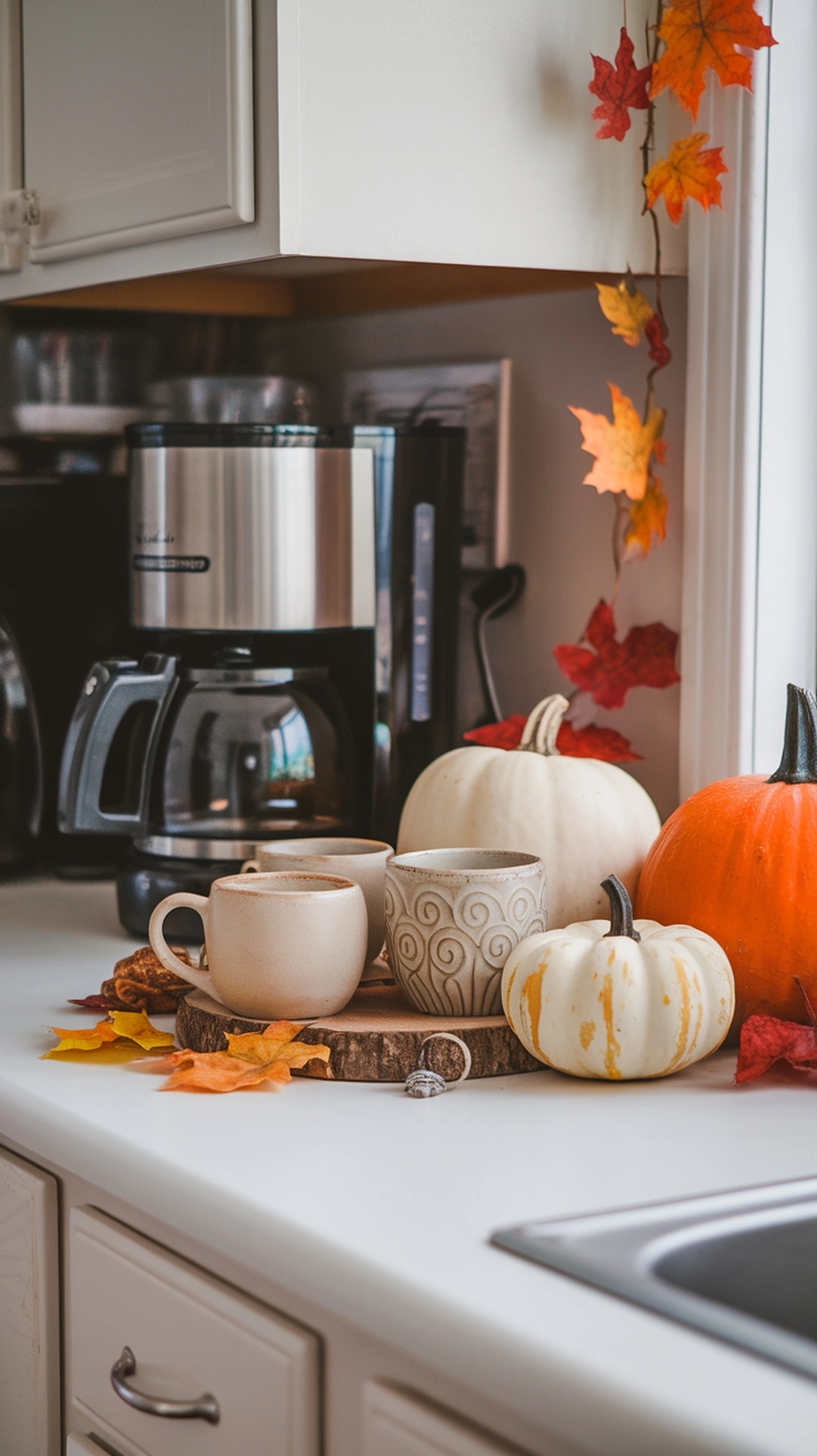 A cozy coffee nook with mugs, pumpkins, and autumn leaves.