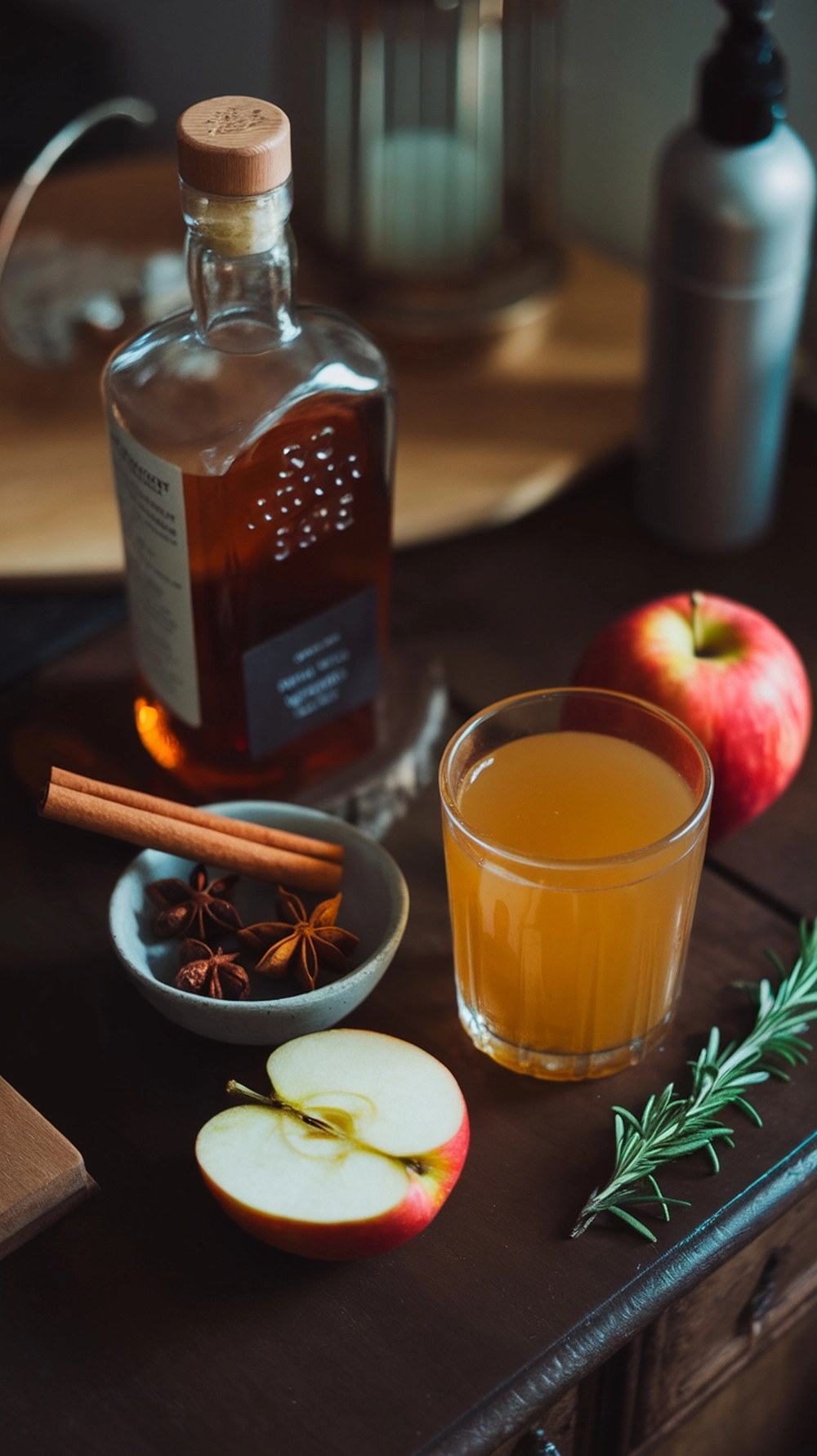 An overhead view of ingredients for making fall cocktails arranged on a dark wood table, including a bottle of bourbon, apple cider, cinnamon sticks, and a sliced apple.