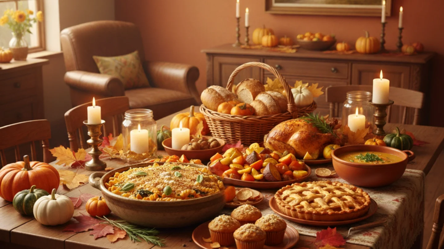 Cozy Fall Recipes in a warm kitchen with autumn dishes, pumpkins, and candlelight.