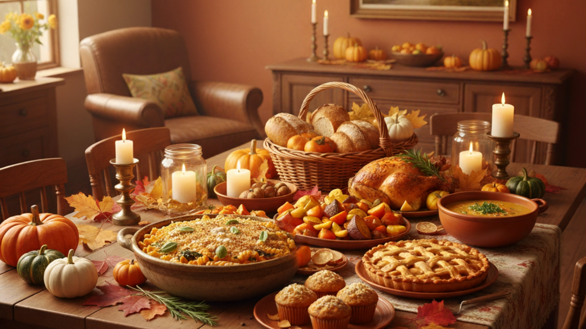 Cozy fall kitchen with autumn dishes, pumpkins, and warm candlelight.