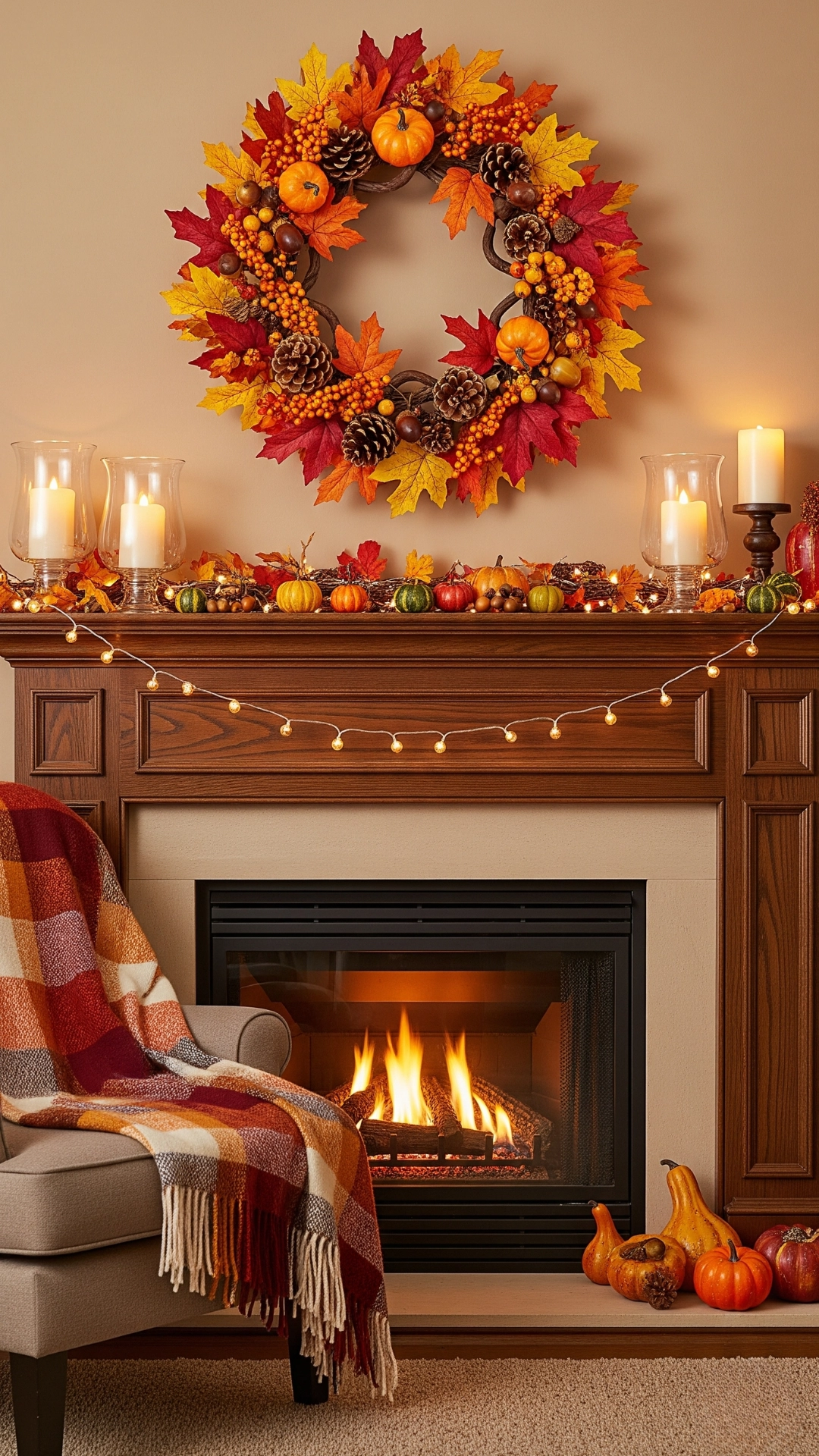 Cozy fireplace setup with a decorated mantel, candles, and a soft throw blanket.