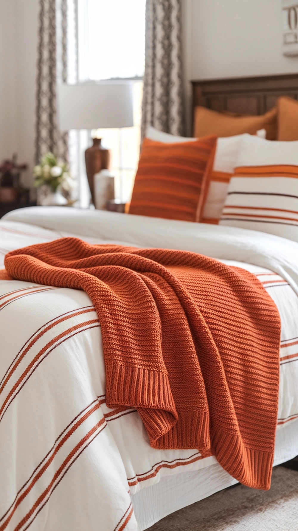 Cozy knit throw on a bed with striped bedding and pillows, creating a warm autumn vibe.