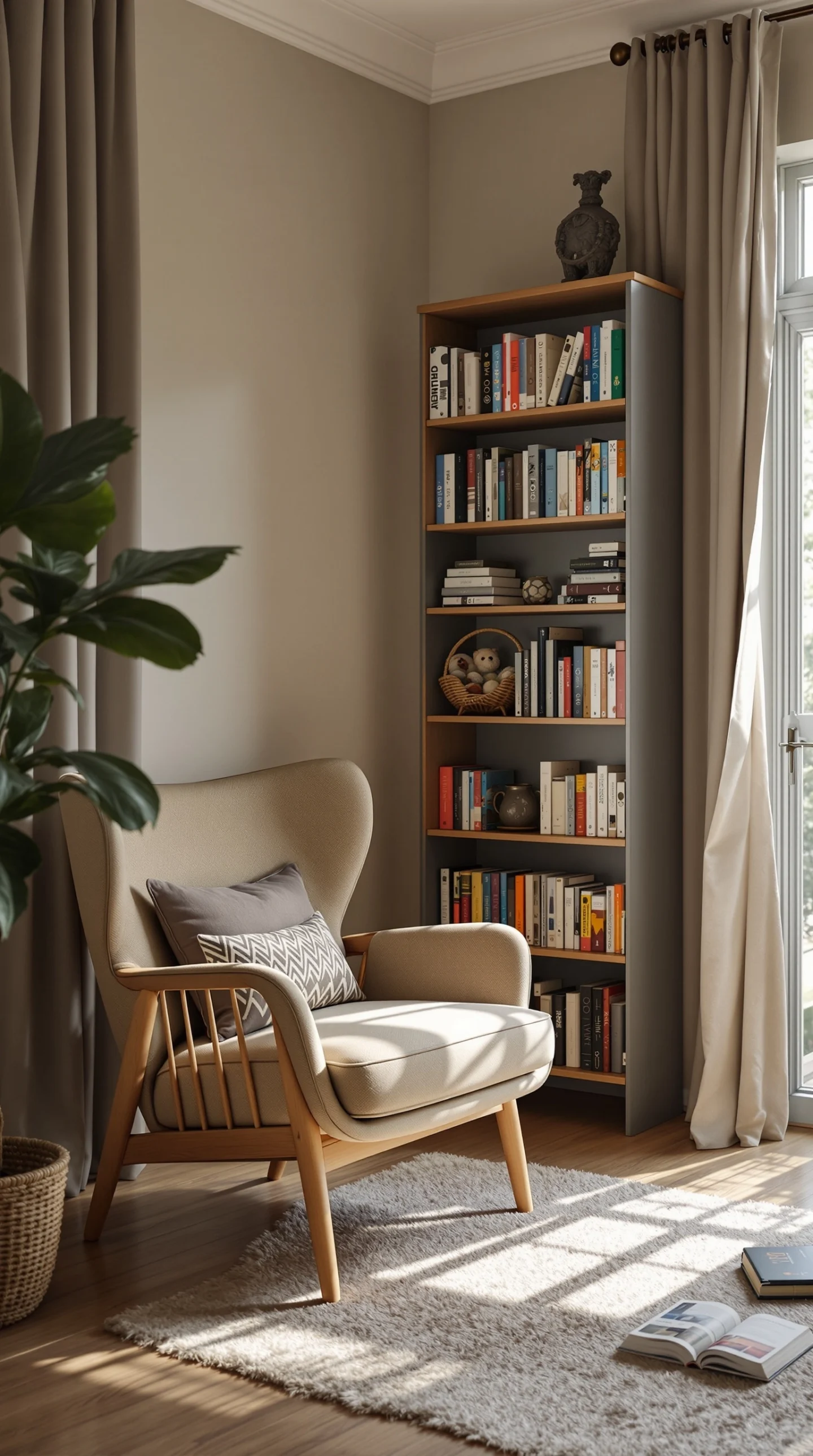 A cozy reading nook featuring a comfortable chair, a bookshelf filled with books, and warm decor elements.