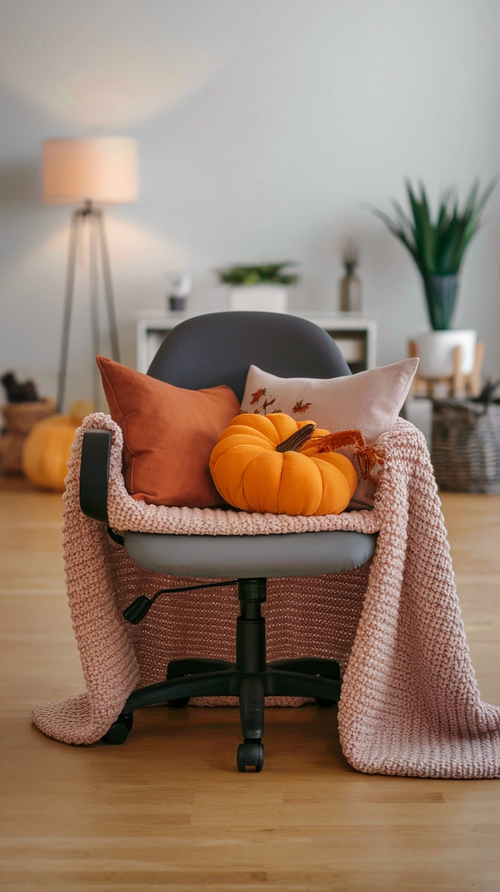 A cozy office chair with a knitted blanket, pillows, and a plush pumpkin, creating a warm fall decor setup.