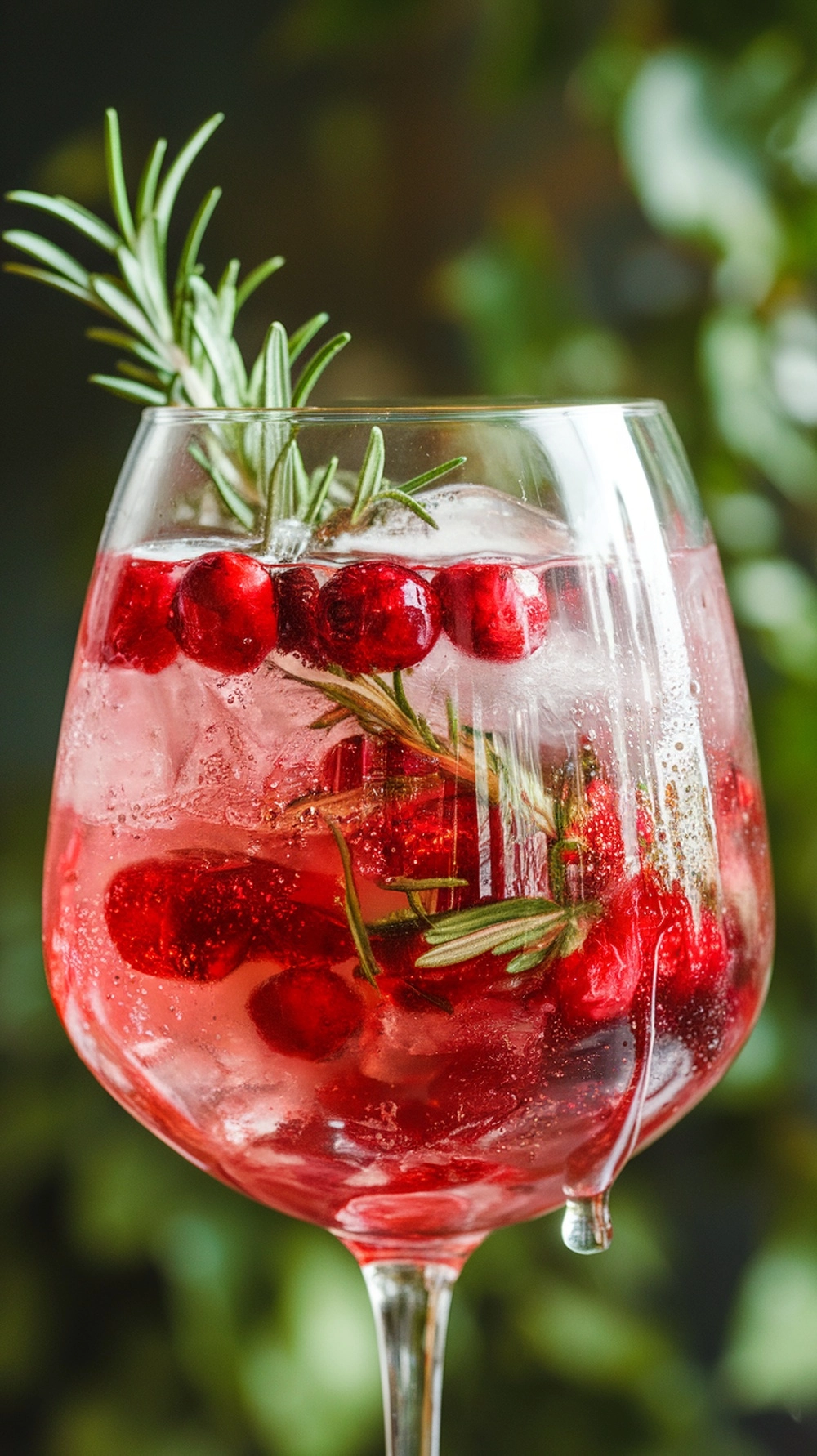 A vibrant red Cranberry-Rosemary Sparkler in a wine glass filled with ice, fresh cranberries, and a rosemary sprig; an easy fall cocktail recipe.

