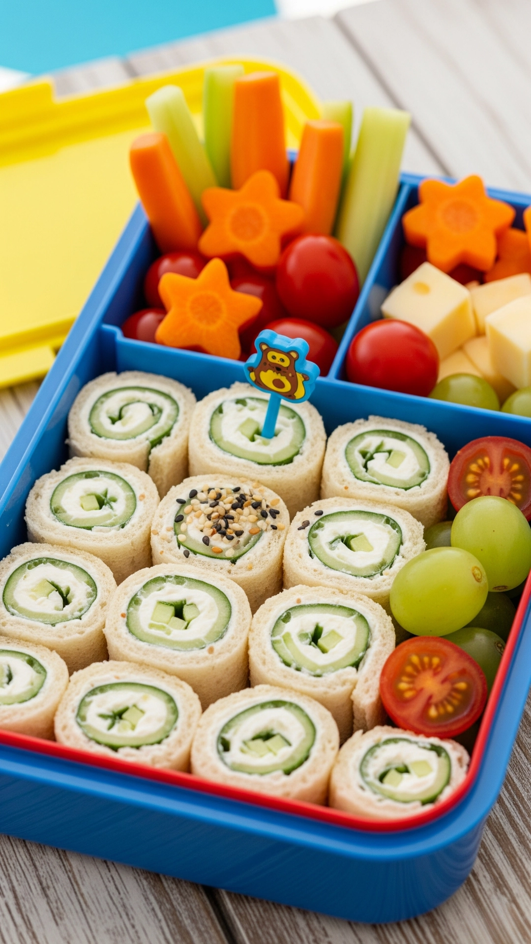 Creative and Healthy School Lunch Ideas for Kids 12 A kid-friendly bento box with cream cheese and cucumber "sushi" pinwheels and colorful veggie sticks.