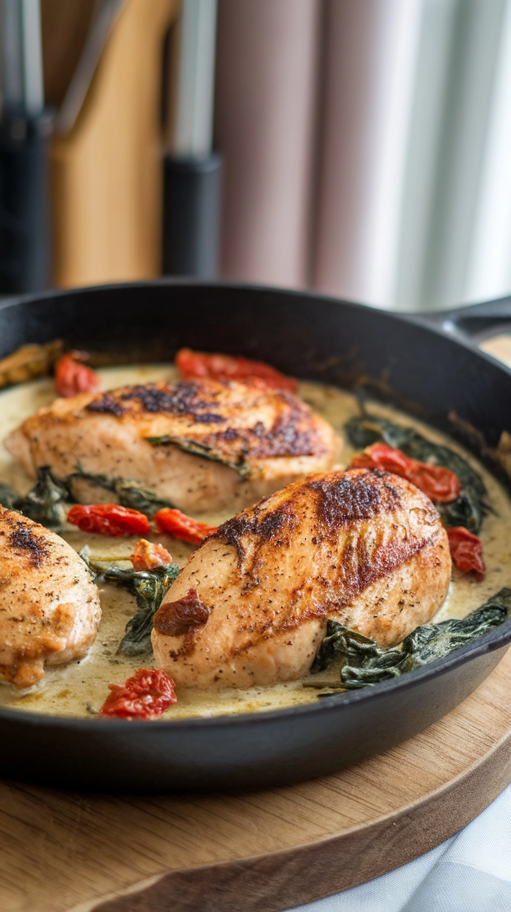 Creamy Garlic Tuscan Chicken in a skillet with spinach and sun-dried tomatoes