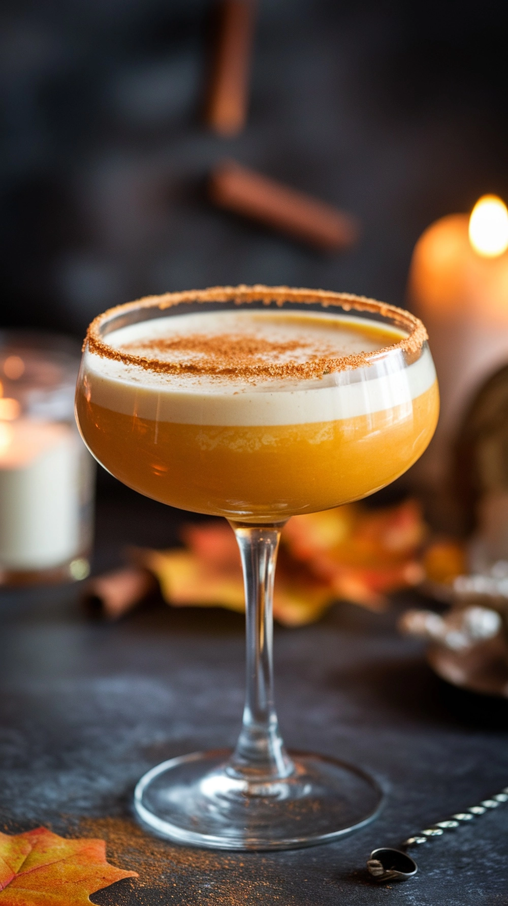 A glass with a creamy Pumpkin Spice Dream fall cocktail, featuring a cinnamon-sugar rim and a dusting of nutmeg on top.
