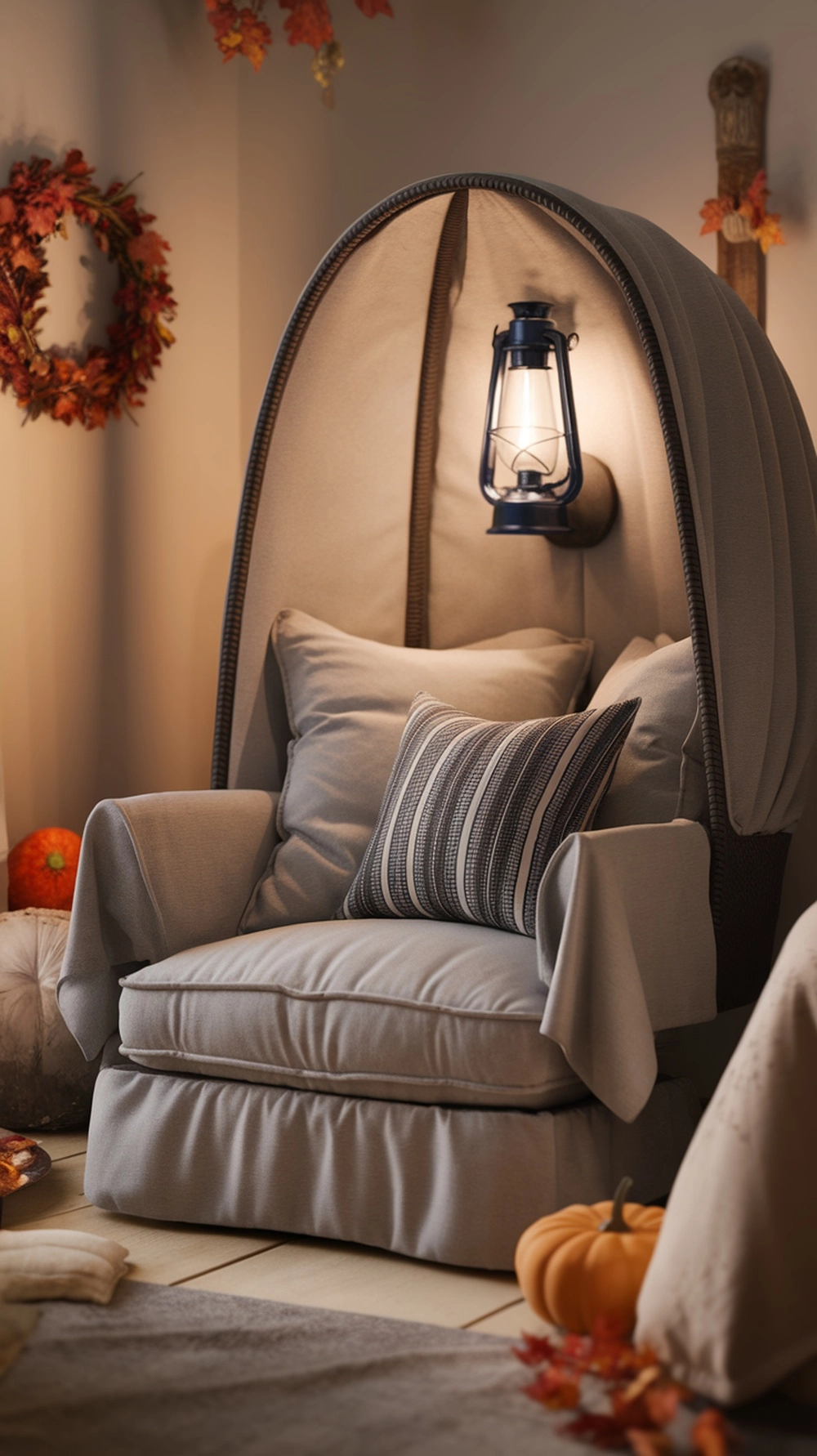 Cozy reading nook with a comfortable chair, throw pillows, a lantern, and autumn decorations.