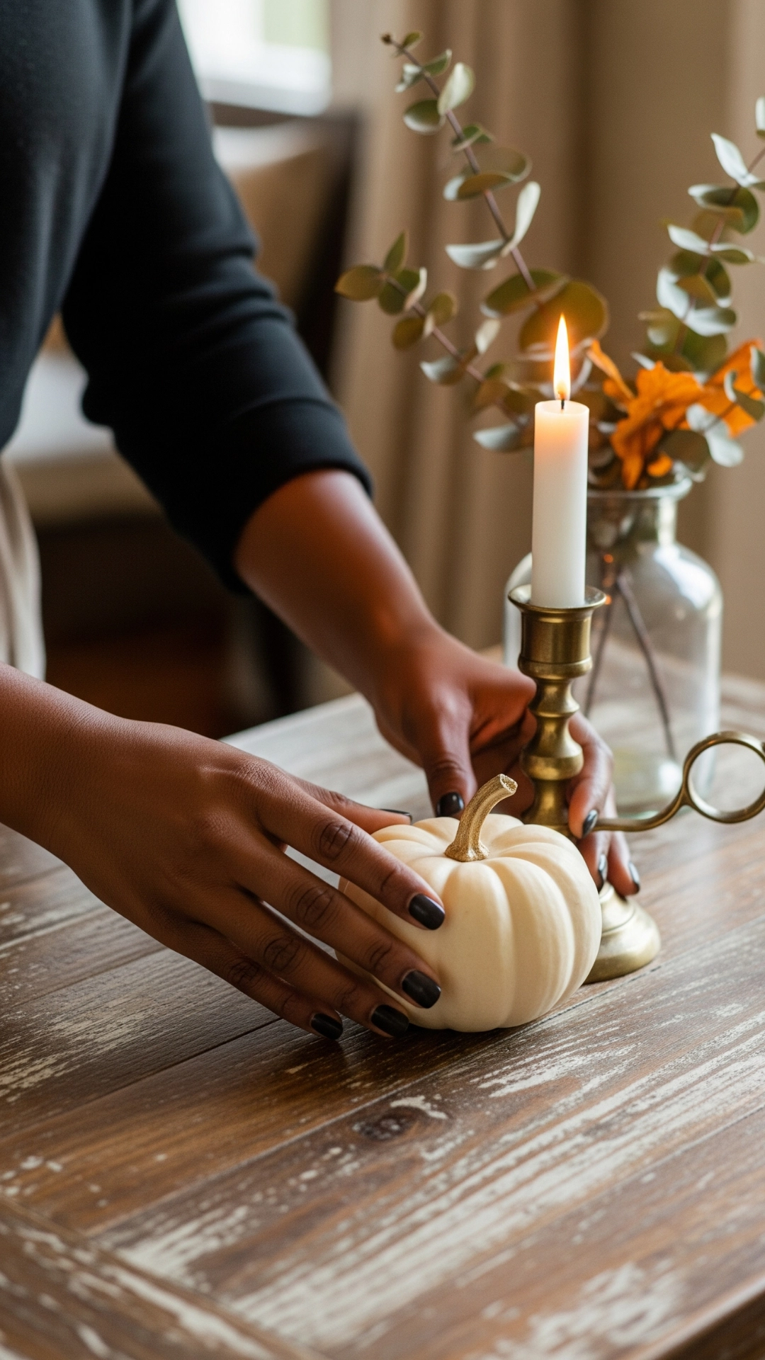 How to Make Your Fall Home Decor Look Expensive 2 woman's hands arrange a small white pumpkin, a brass candlestick, and dried eucalyptus on a rustic wood table.