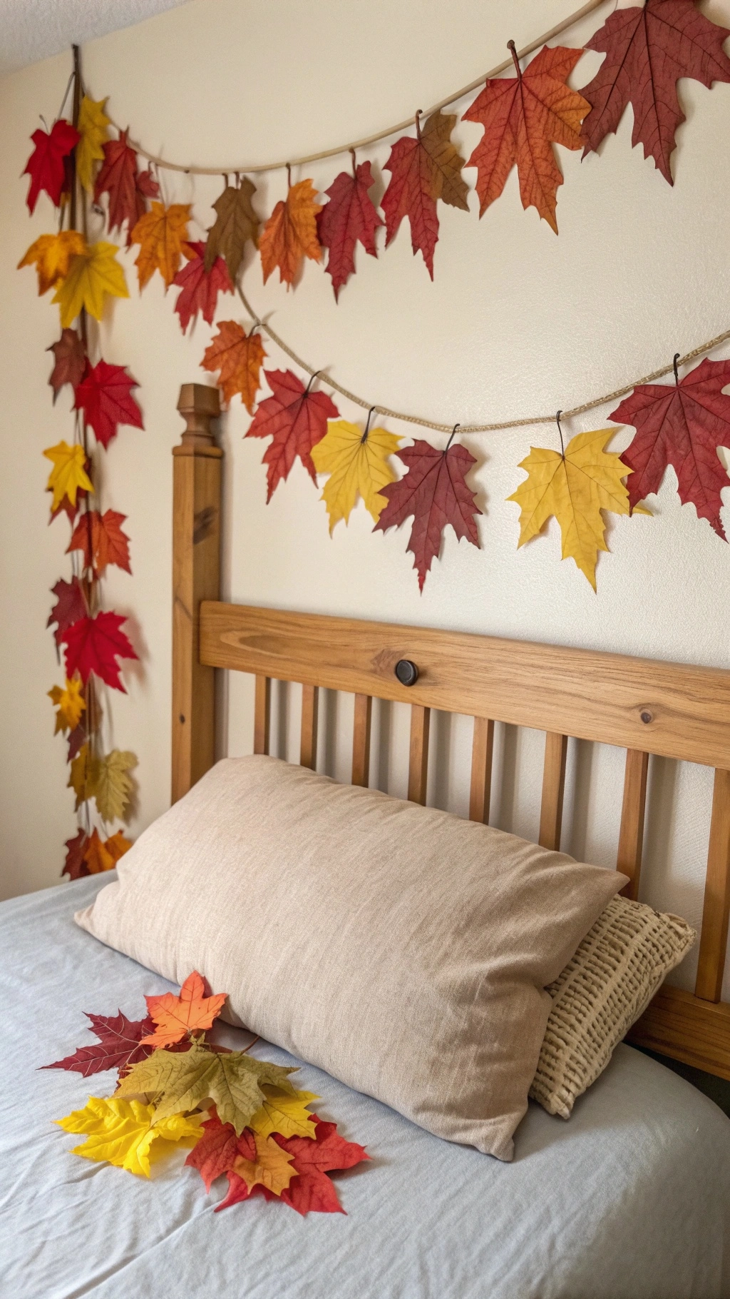 A cozy fall bedroom featuring a DIY leaf garland draped over the headboard, enhancing the autumn decor.