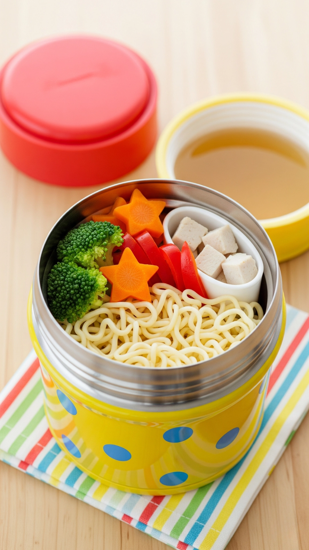 Creative and Healthy School Lunch Ideas for Kids 15 A yellow thermos for a kid's hot lunch, filled with noodles, chicken, and star-shaped carrots.