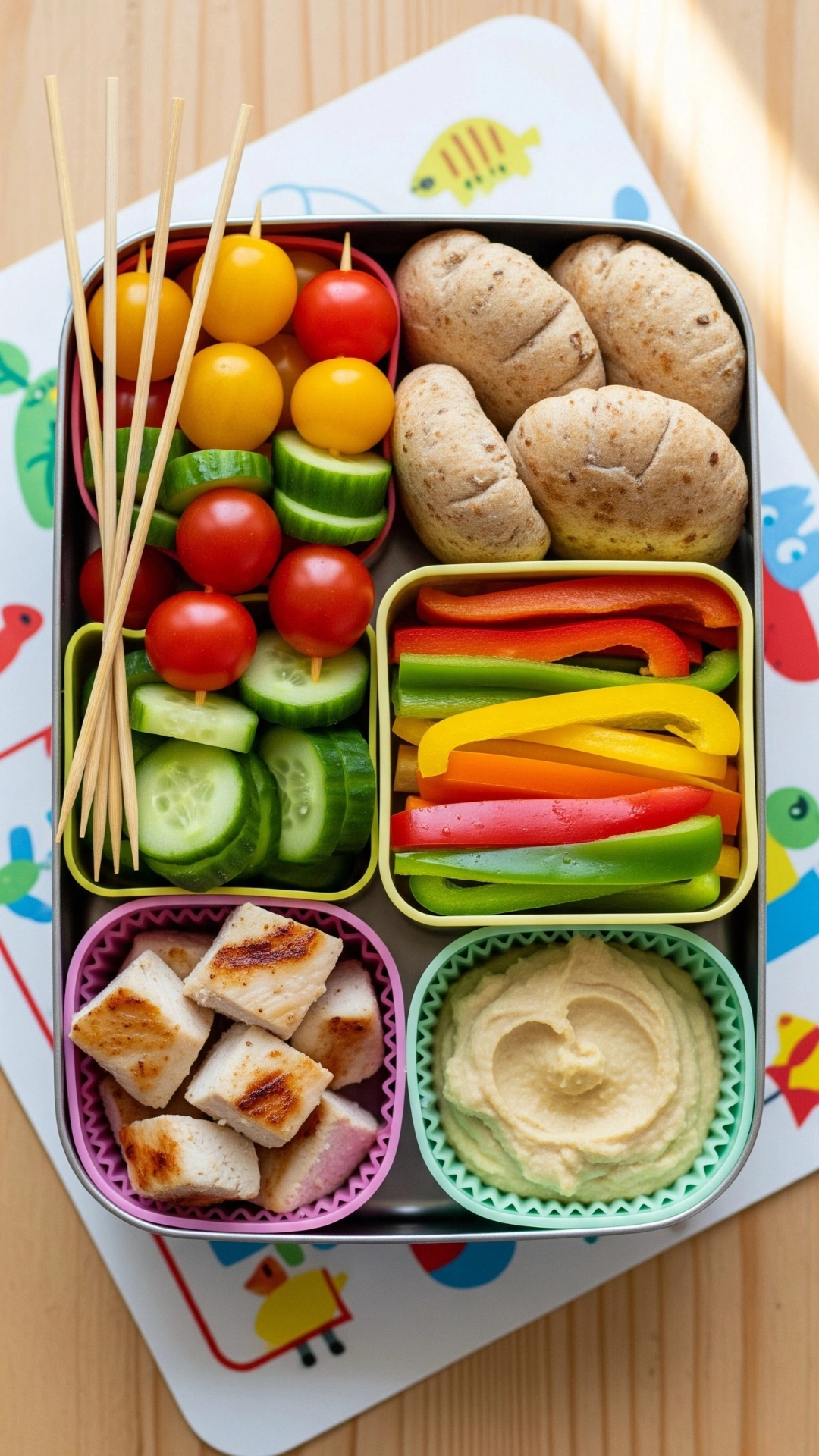 Creative and Healthy School Lunch Ideas for Kids 4 A deconstructed skewer lunchbox with chicken cubes, cherry tomato and cucumber skewers, and mini pita breads.