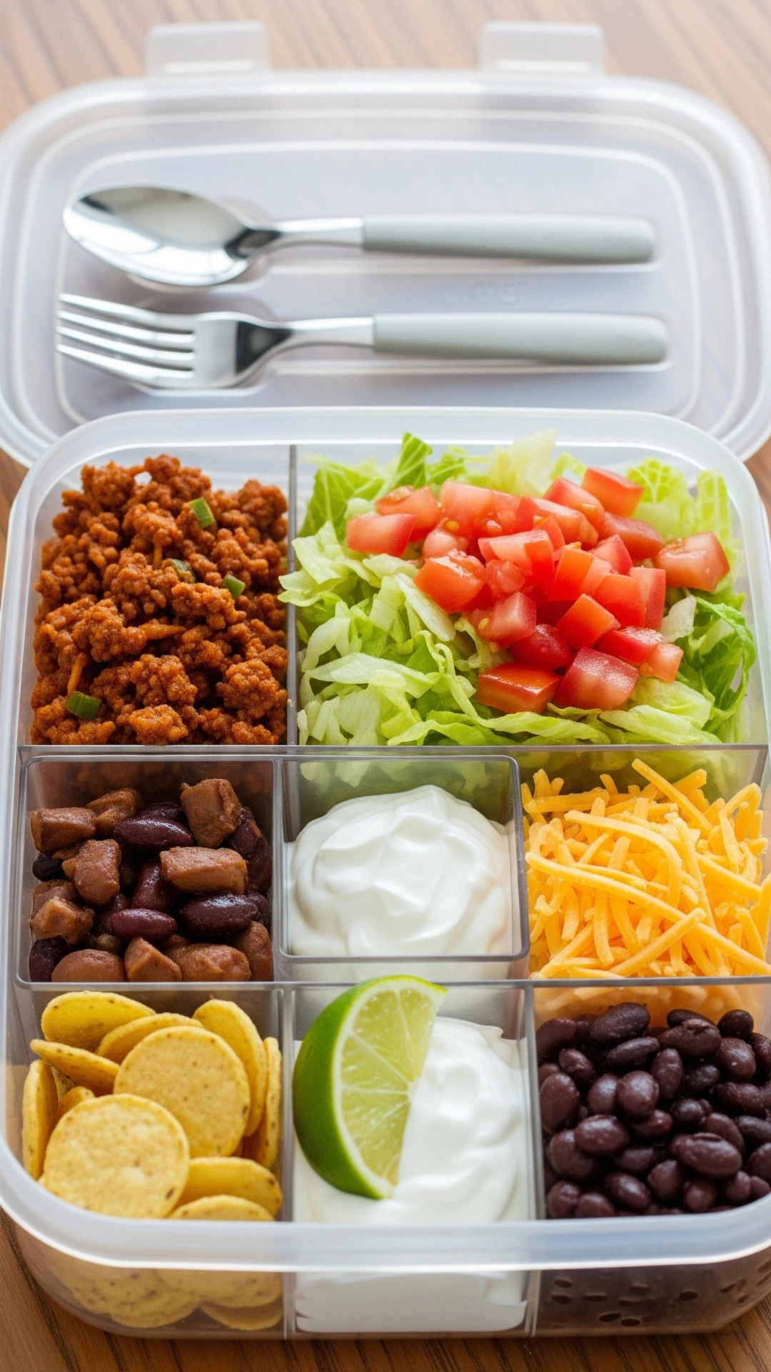 Creative and Healthy School Lunch Ideas for Kids 11 A deconstructed taco bowl in a lunch container with seasoned meat, lettuce, cheese, beans, and sour cream.