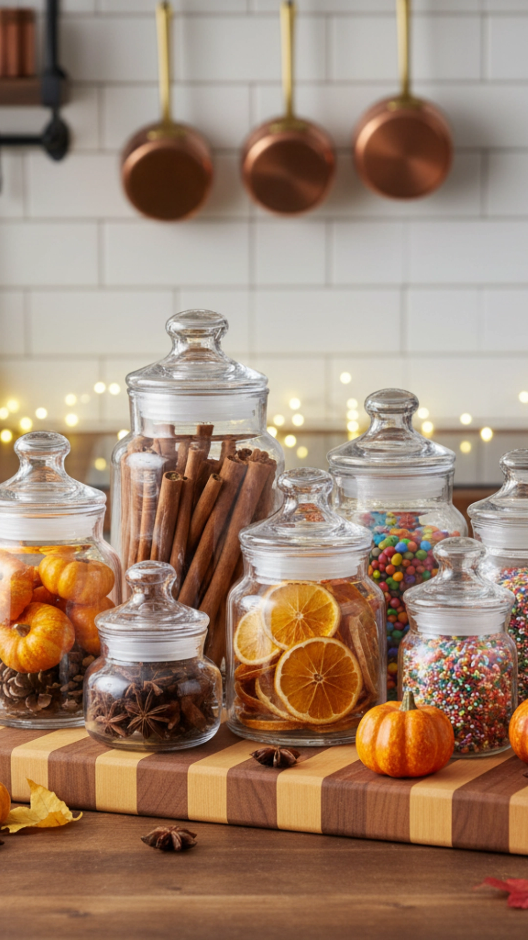 Decorative jars filled with spices and autumn elements on a kitchen counter