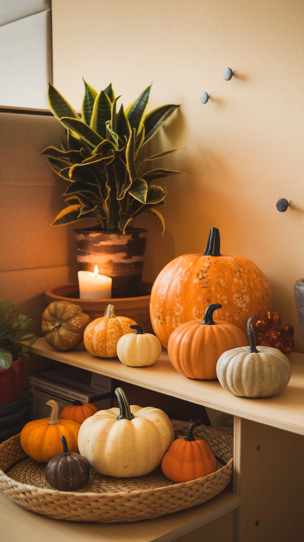 A Fall Small Office Decor setup featuring a variety of decorative pumpkins on a shelf with a plant and a candle.