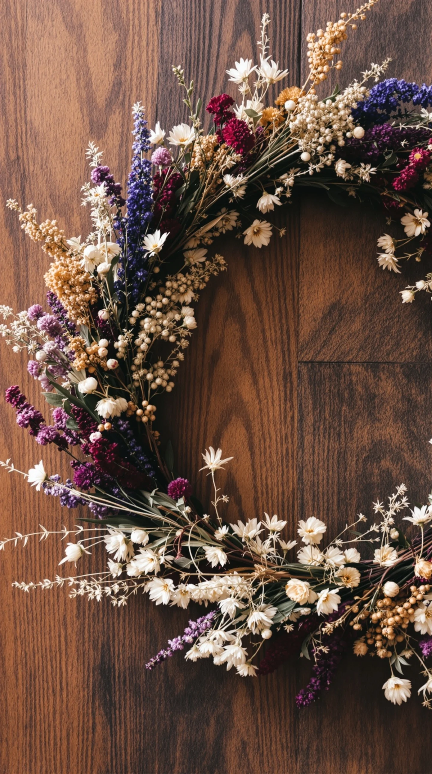 17 Cozy Fall Wreath Ideas to Make Your Front Door Shine 12 A dried flower and herb wreath showcasing various colors and textures on a wooden surface.