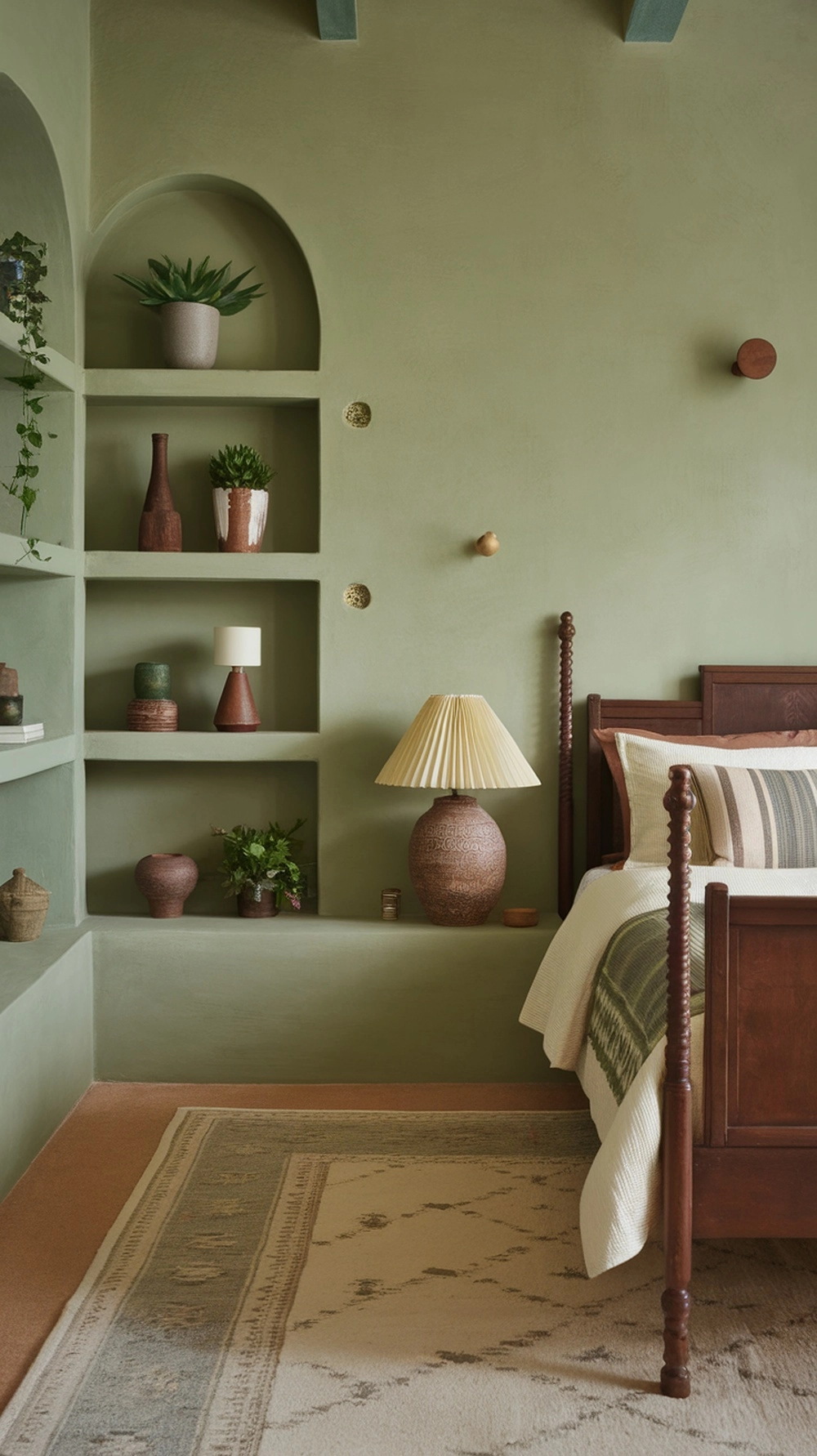 A cozy fall bedroom featuring earthy color palettes with green walls and wooden furniture.