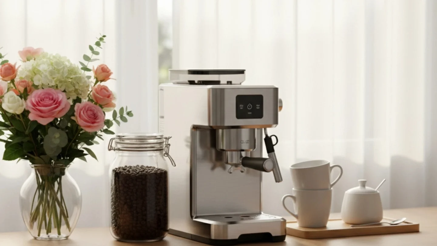Stylish coffee station at home with modern espresso machine and fresh flowers.