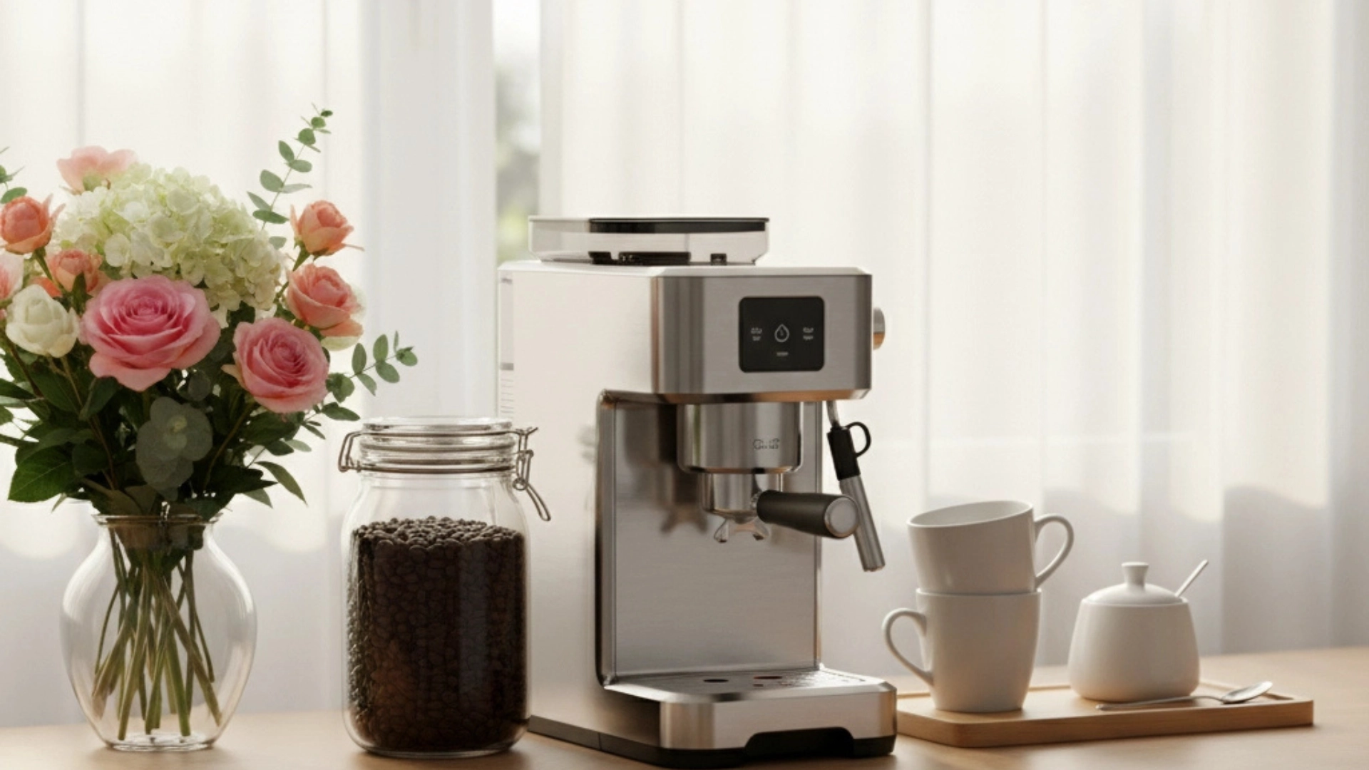 Stylish coffee station at home with modern espresso machine and fresh flowers.