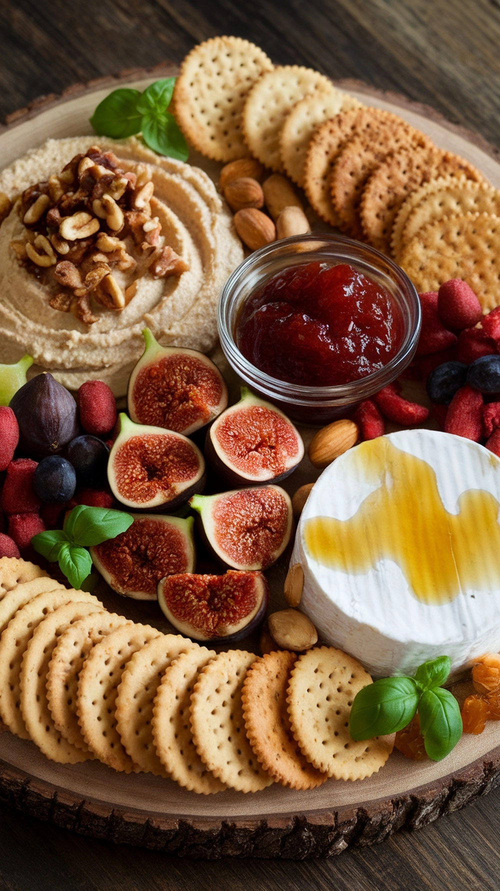 A wooden appetizer board featuring creamy hummus, fresh sliced figs, a wheel of brie with honey, red fruit jam, and crackers.