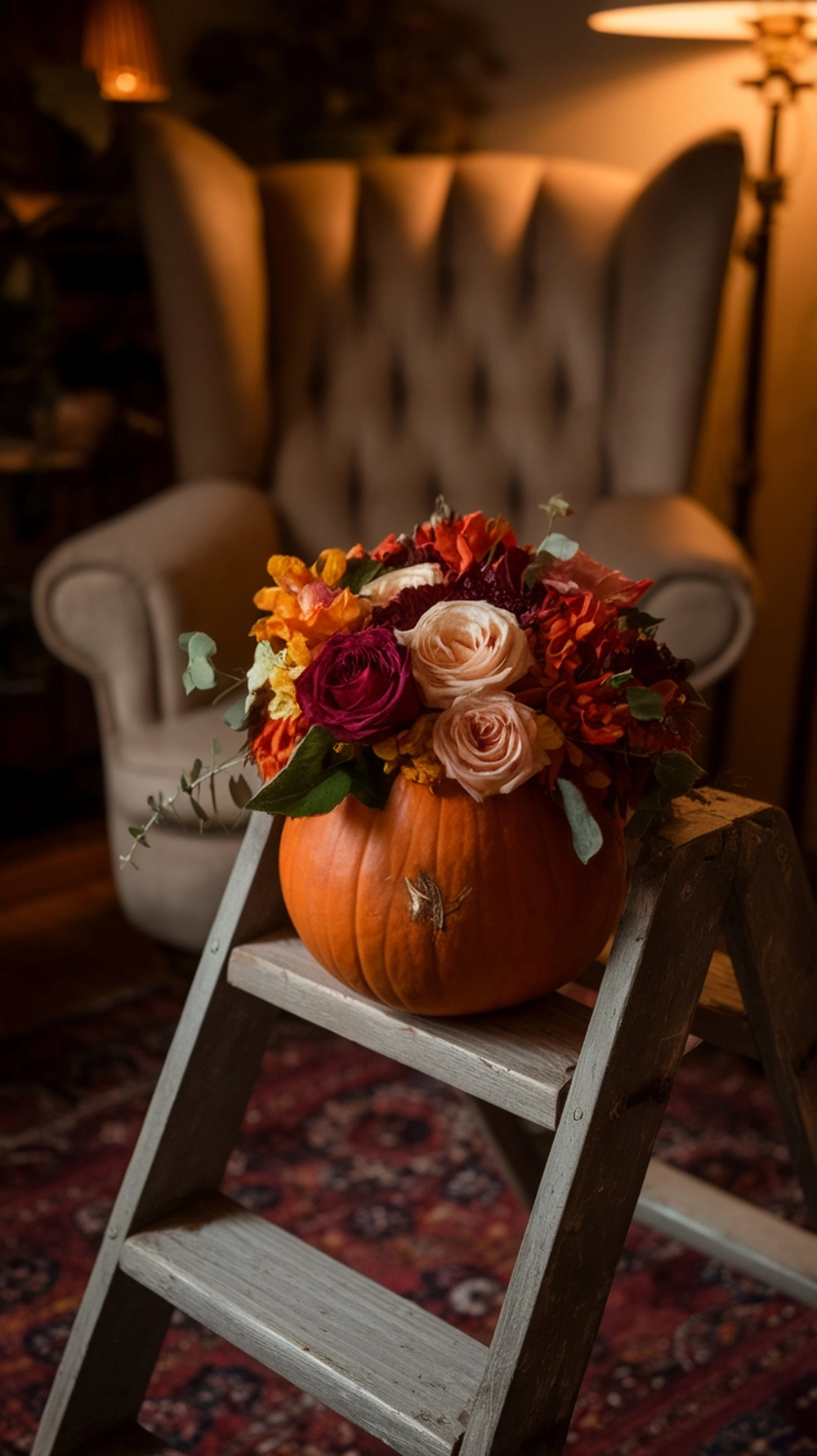 A beautifully decorated pumpkin with flowers on top, placed on a wooden ladder.