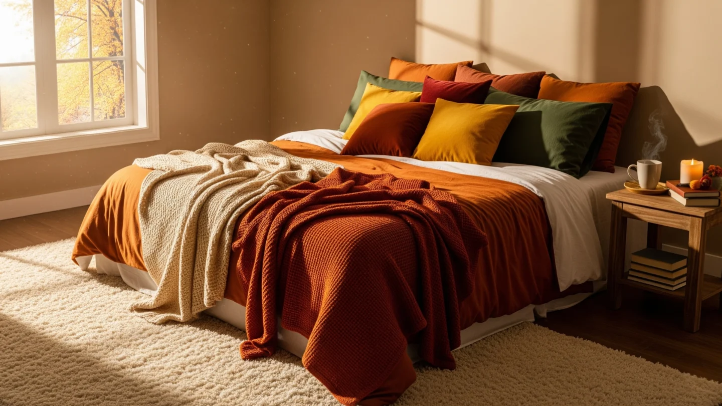  wide, inviting shot of a cozy fall bedroom. The bed is layered with a chunky knit blanket, flannel sheets, and an assortment of velvet pillows in warm autumn colors. A soft, golden light emanates from a bedside lamp, and subtle fairy lights drape the headboard, creating a warm and serene atmosphere.