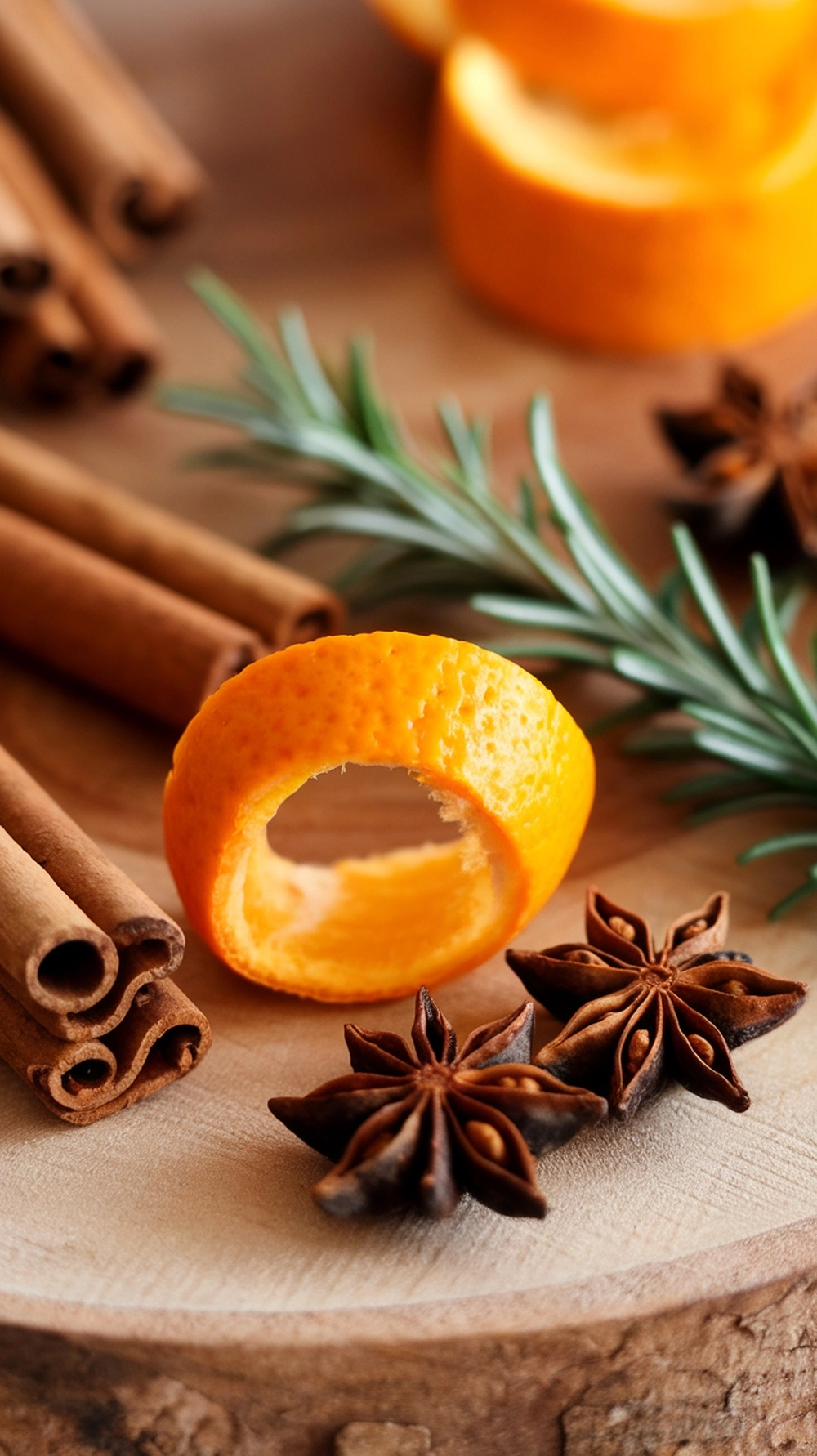  A close-up of beautiful garnishes for fall cocktails arranged on a wooden board, including a twisted orange peel, a charred cinnamon stick, and fresh rosemary.
