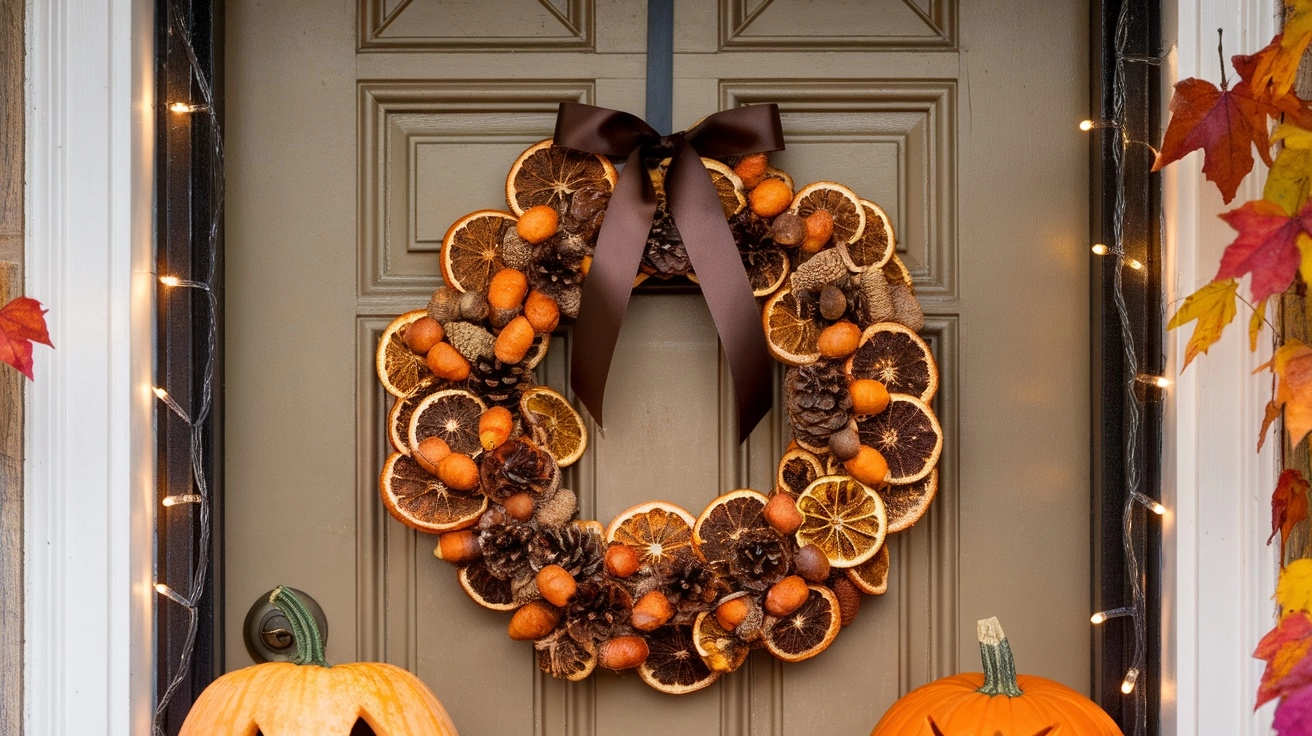 14 Beautiful Fall Door Decorations to Welcome Autumn 1 Cozy fall front door with wreath, pumpkins, and seasonal decor