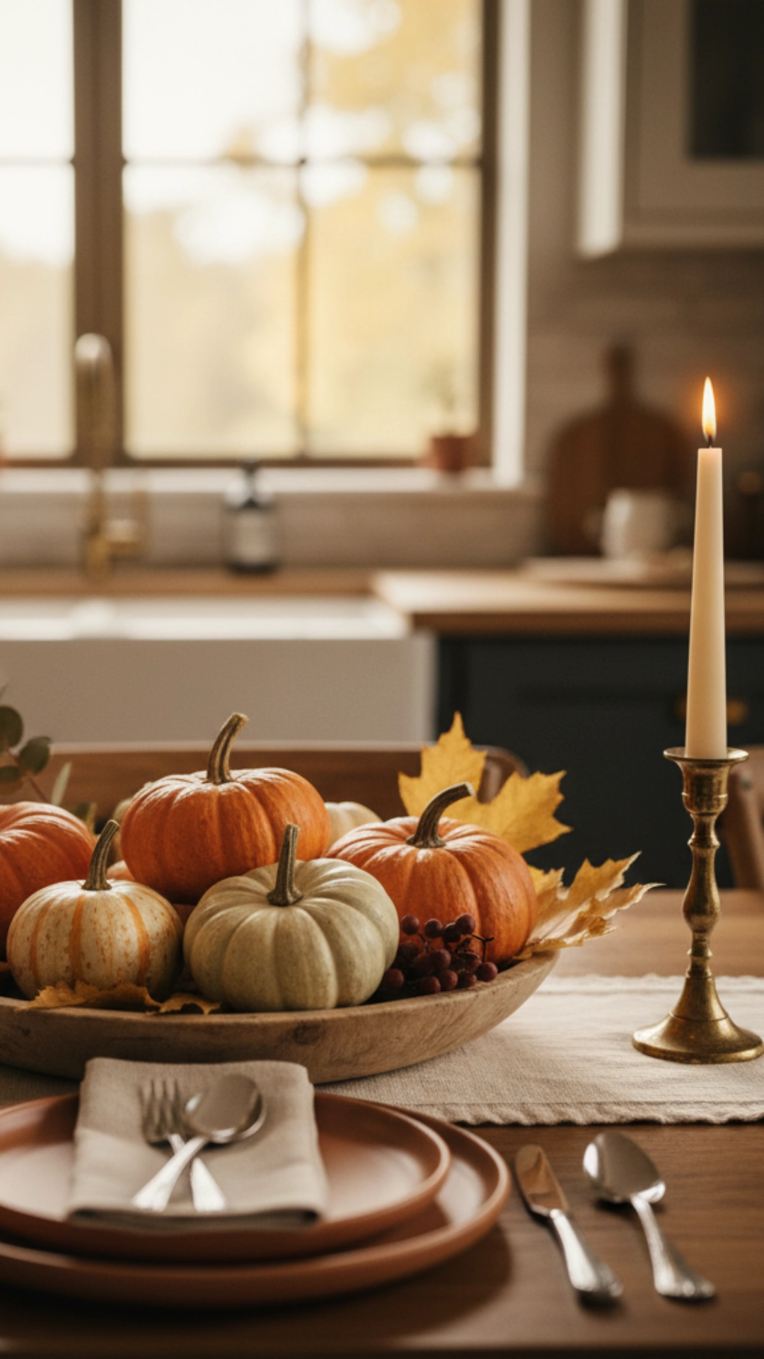 A cozy fall kitchen table centerpiece featuring various pumpkins and greenery.