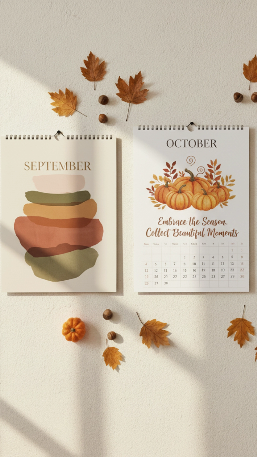 A fall-themed wall calendar with motivational quotes and autumn decorations.