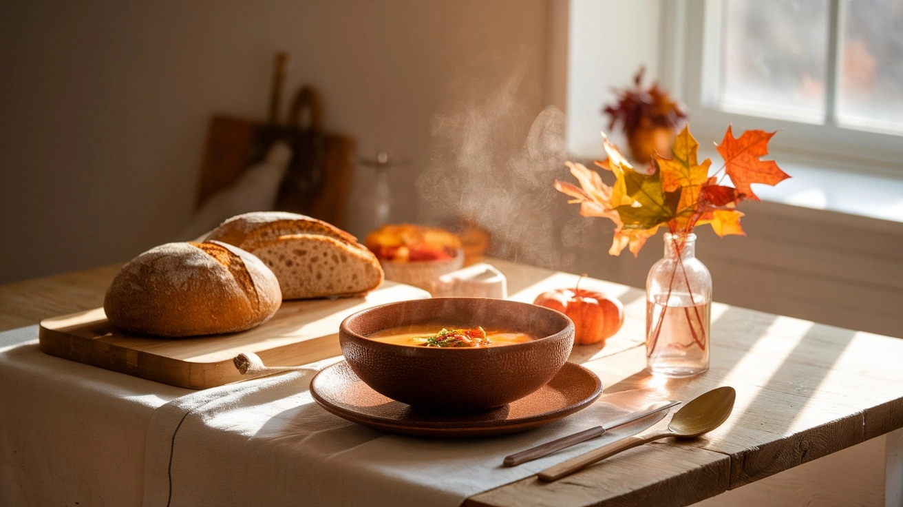 Cozy fall recipes setting with steaming soup, fresh bread, and warm golden light on a rustic table.