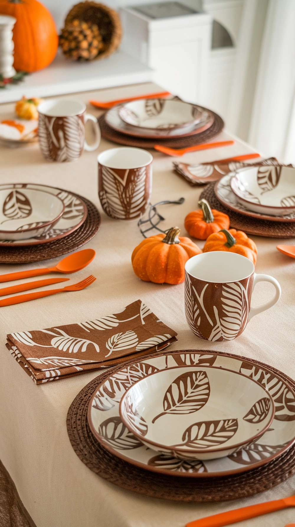 A cozy fall kitchen table set with leaf-patterned dishware, orange utensils, and small pumpkins.