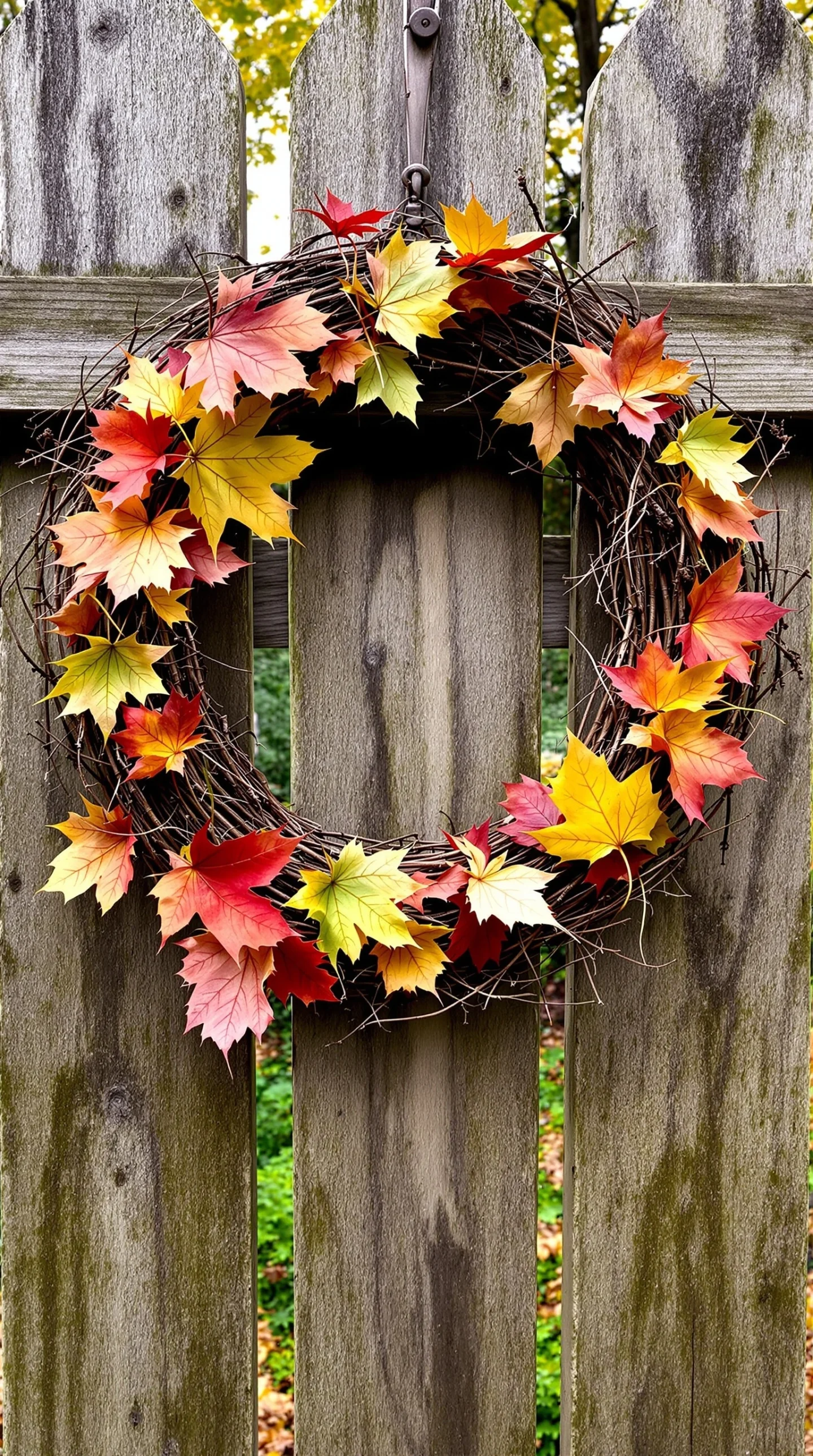 17 Cozy Fall Wreath Ideas to Make Your Front Door Shine 10 A wreath made of twigs and colorful autumn leaves hanging on a wooden fence.