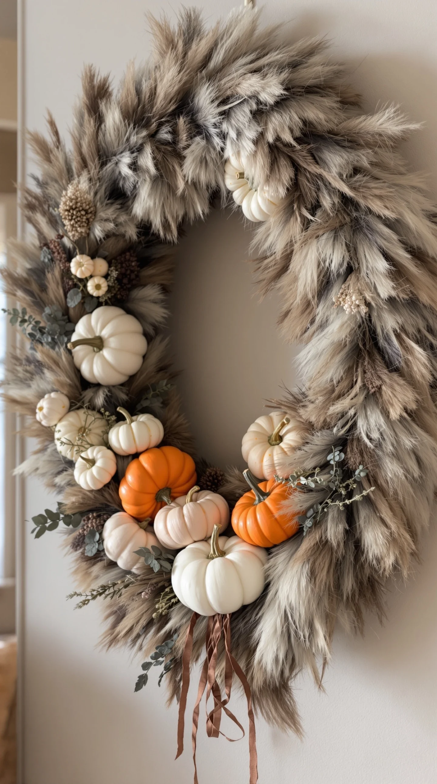 17 Cozy Fall Wreath Ideas to Make Your Front Door Shine 19 A cozy faux fur wreath adorned with pumpkins, perfect for fall decoration.