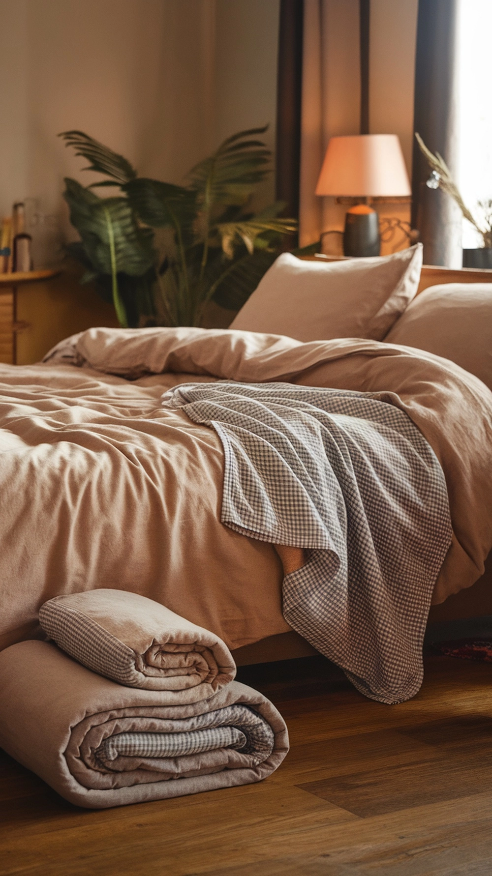 Cozy flannel bedding in a warm-toned bedroom with plants and soft lighting.