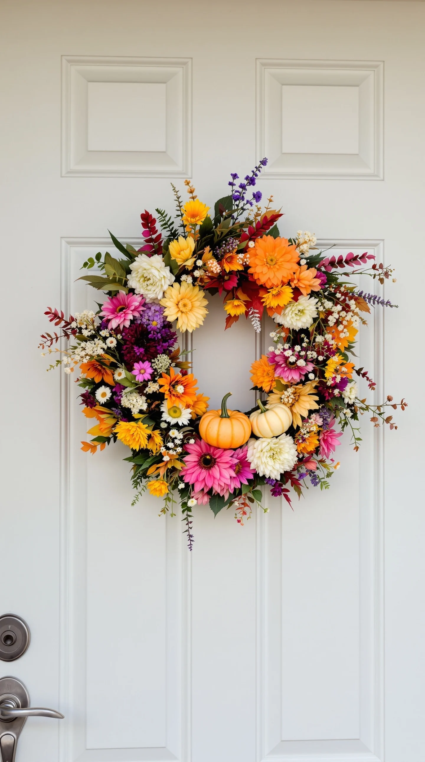 17 Cozy Fall Wreath Ideas to Make Your Front Door Shine 14 A colorful floral wreath with pumpkins on a white door.