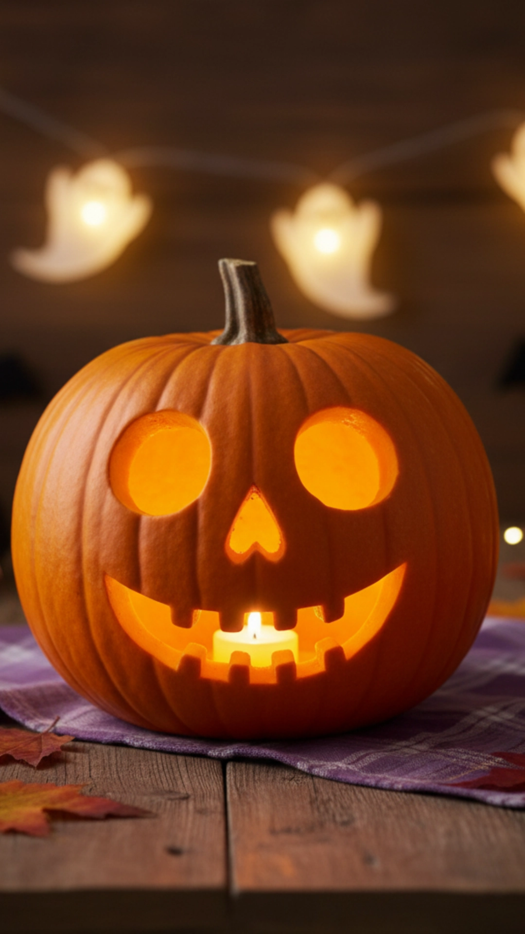 A pumpkin carved to look like a friendly, smiling skull, sitting on a wooden surface surrounded by colorful autumn leaves.