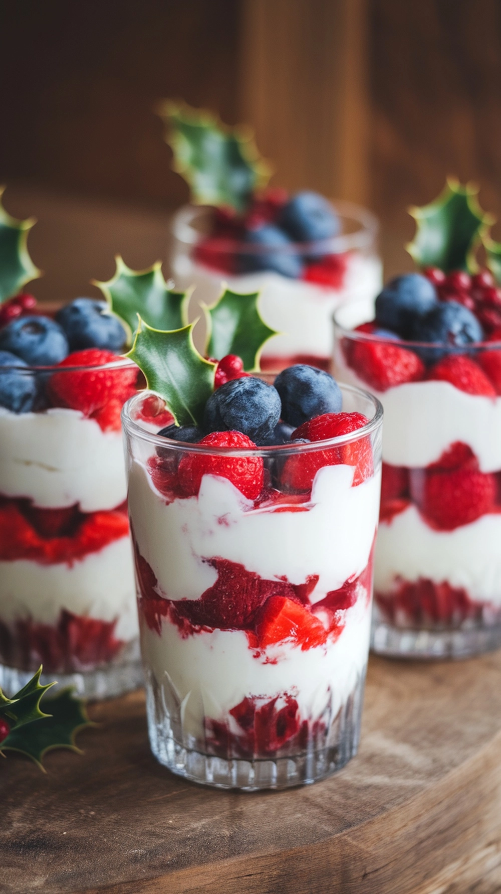 Fruit and yogurt parfaits with layers of yogurt, strawberries, blueberries, and garnished with holly leaves.