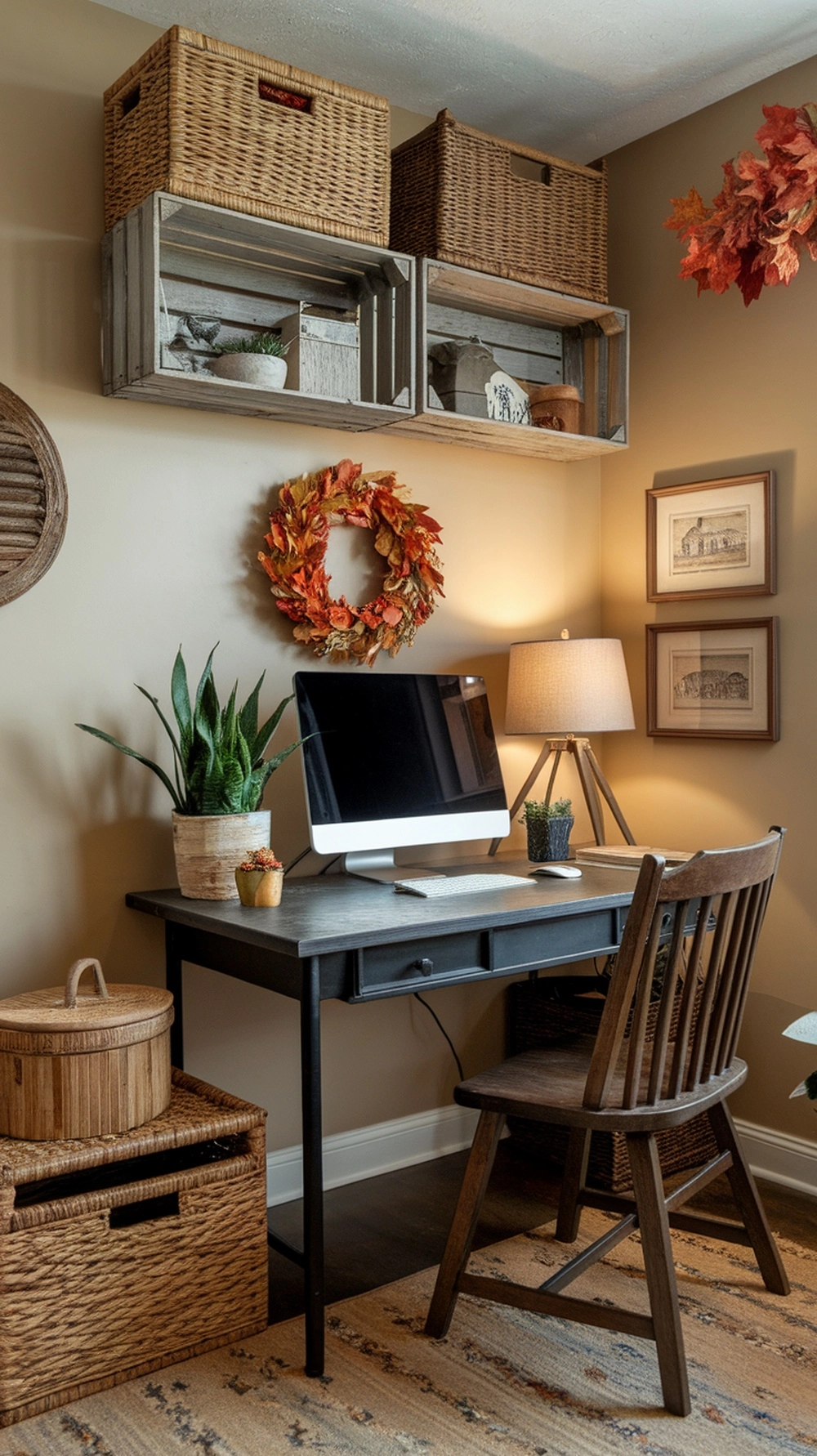 A cozy autumn workspace setup featuring a desk with storage baskets, a computer, and fall decorations.