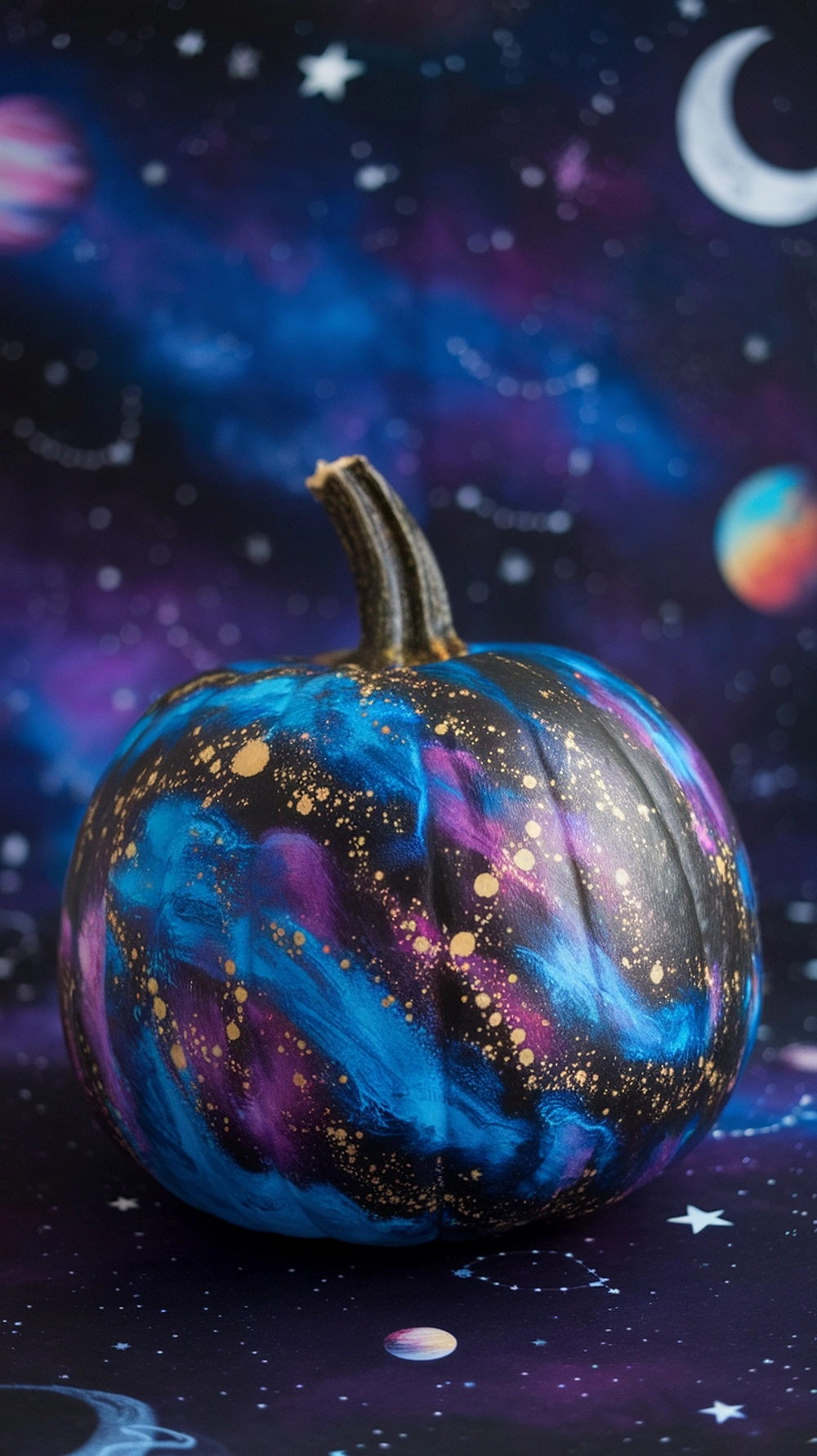 A beautifully painted galaxy-inspired pumpkin with deep blues, purples, and gold accents against a starry background.