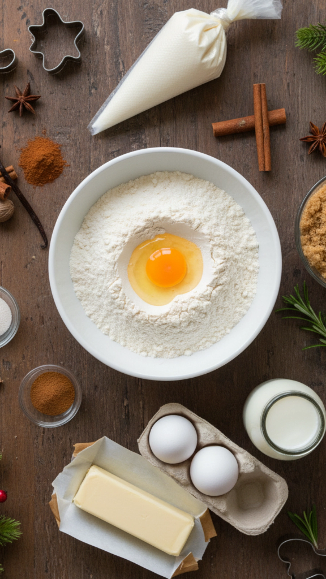 A top-down view of ingredients for cinnamon rolls, including flour, eggs, milk, and spices, artfully arranged on a rustic wooden surface.