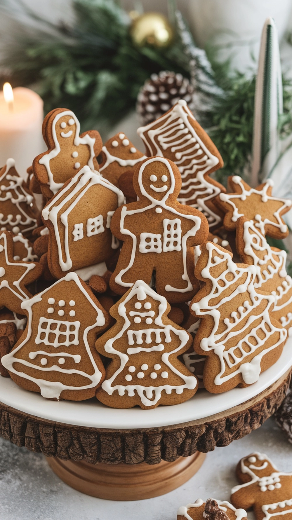 A plate of gingerbread cookies decorated with white frosting, featuring various festive shapes.