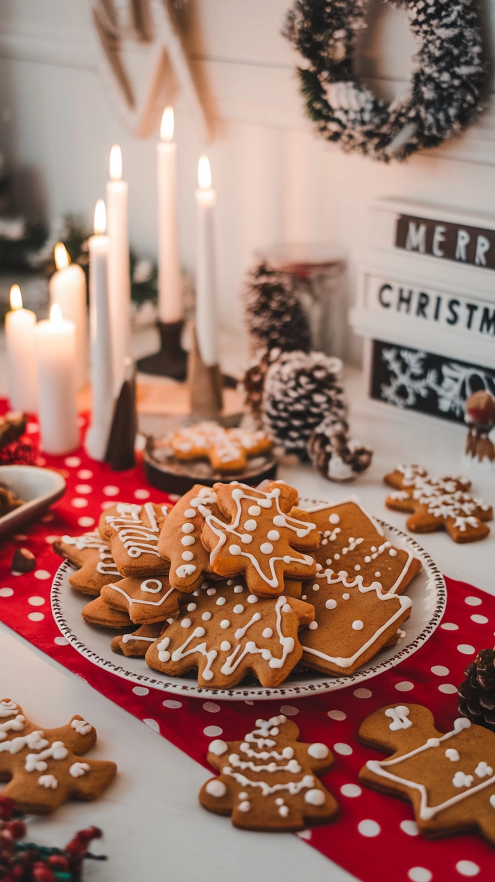 A plate of decorated gingerbread cookies on a festive table with candles and pinecones.