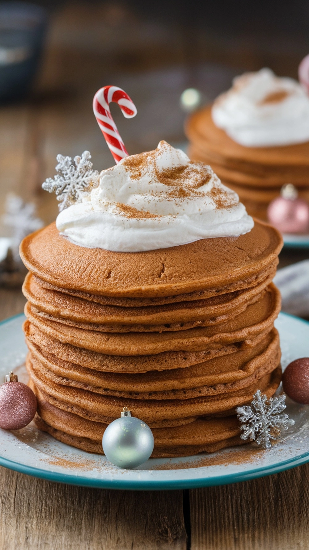 A stack of gingerbread pancakes topped with whipped cream and a candy cane, decorated with festive ornaments.