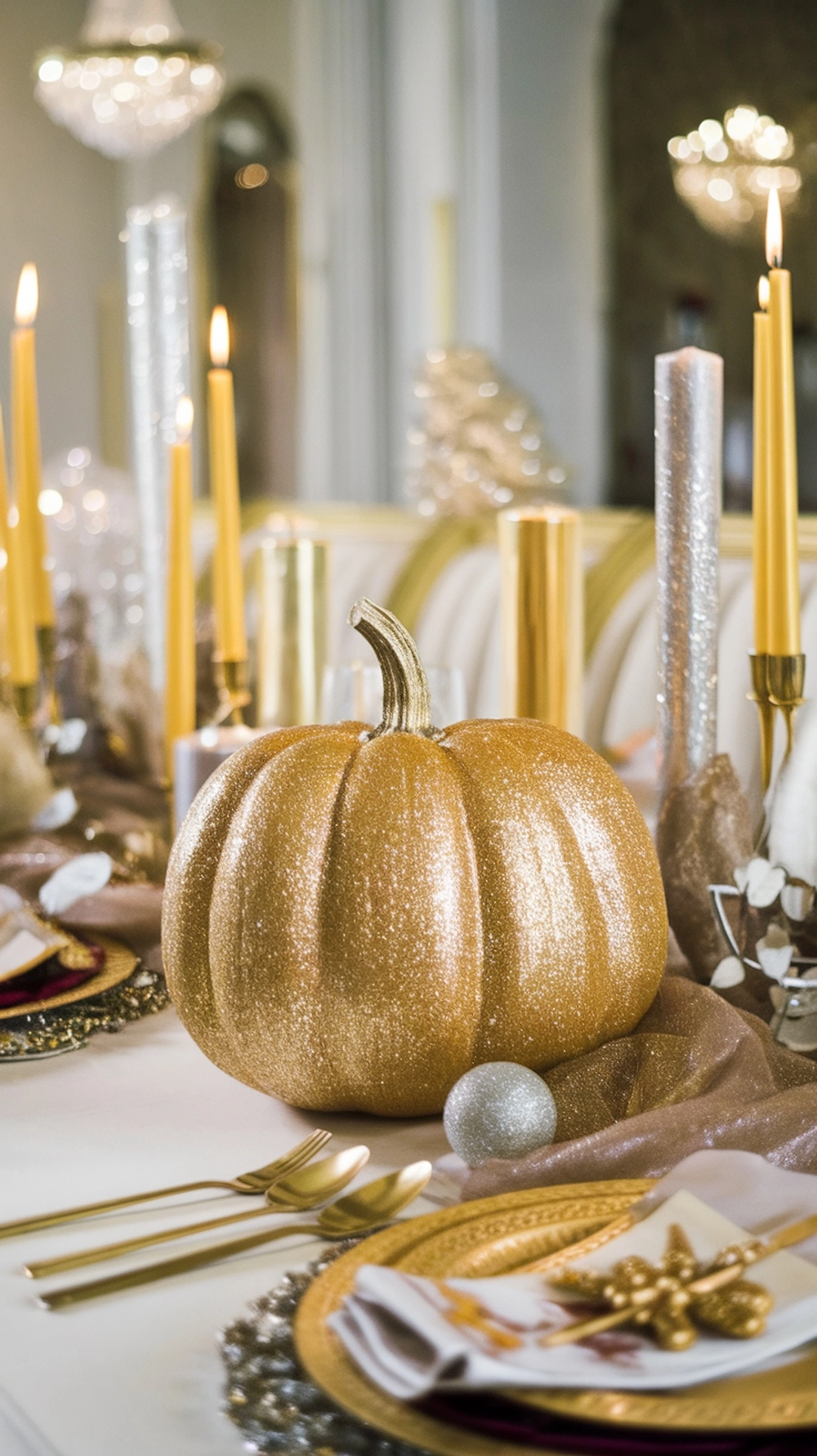 A glamorous glitter pumpkin on a dining table surrounded by elegant decor