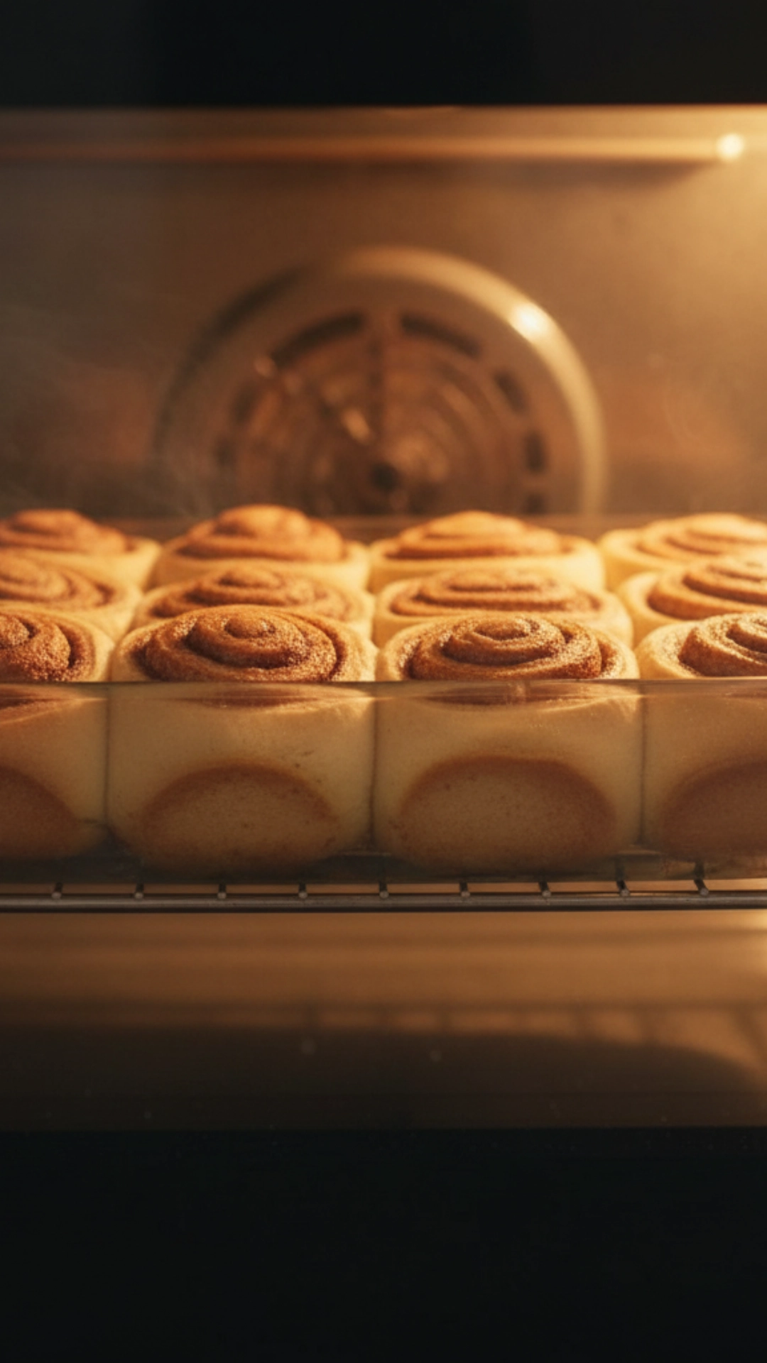 A pan of Christmas cinnamon rolls baking inside a hot oven, turning a perfect golden-brown color.