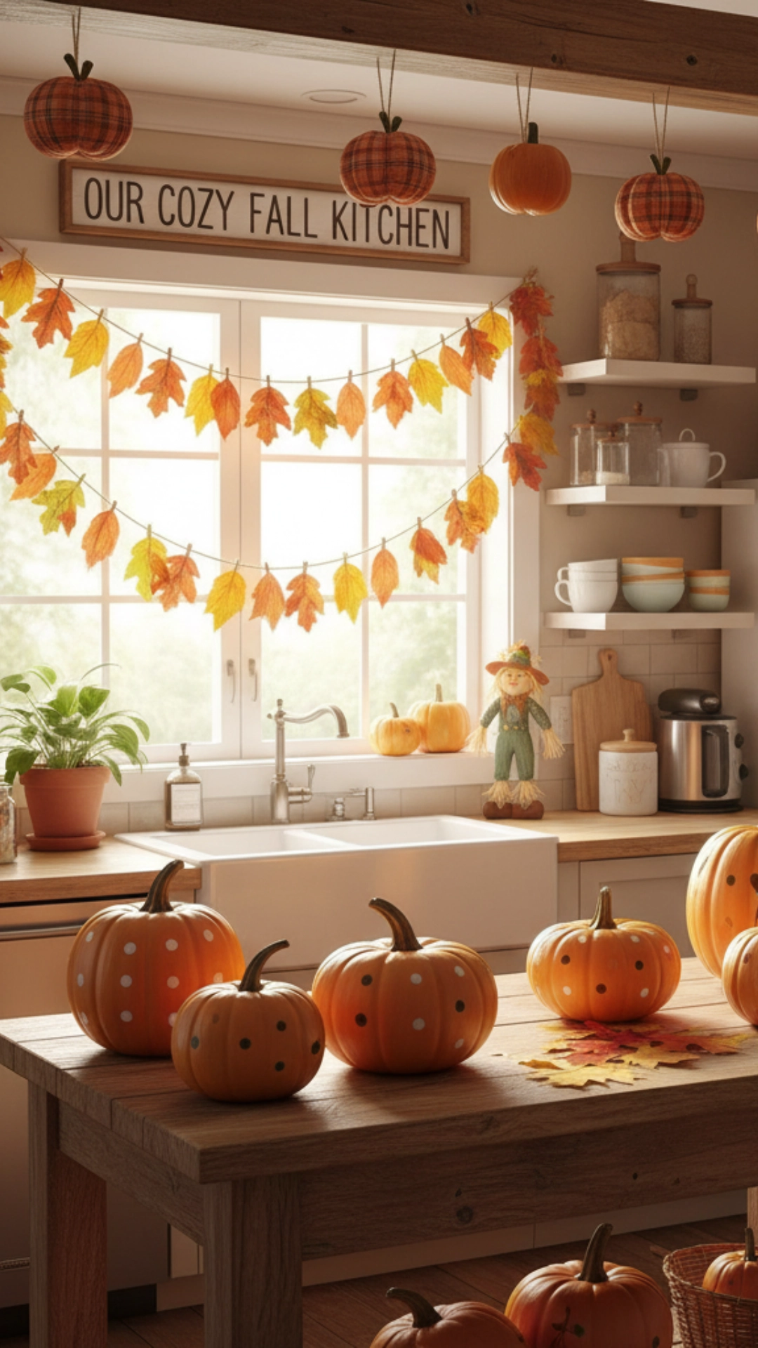 Decorative pumpkins and autumn leaves in a cozy kitchen setting